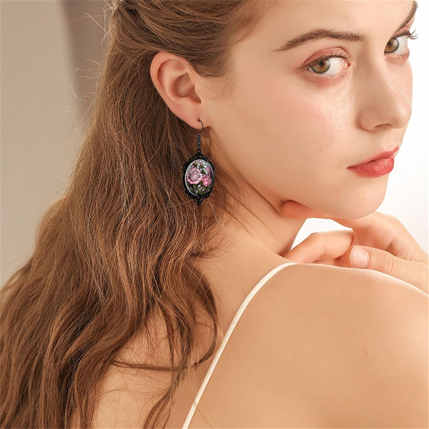 Dreuyet Gothic Rose Cameo Earrings for Women Vintage Crystal Glass Red Rose Flower Earring Goth Mystic Victorian Earring Punk Style Halloween Cameo Earrings Jewelry - Image 5