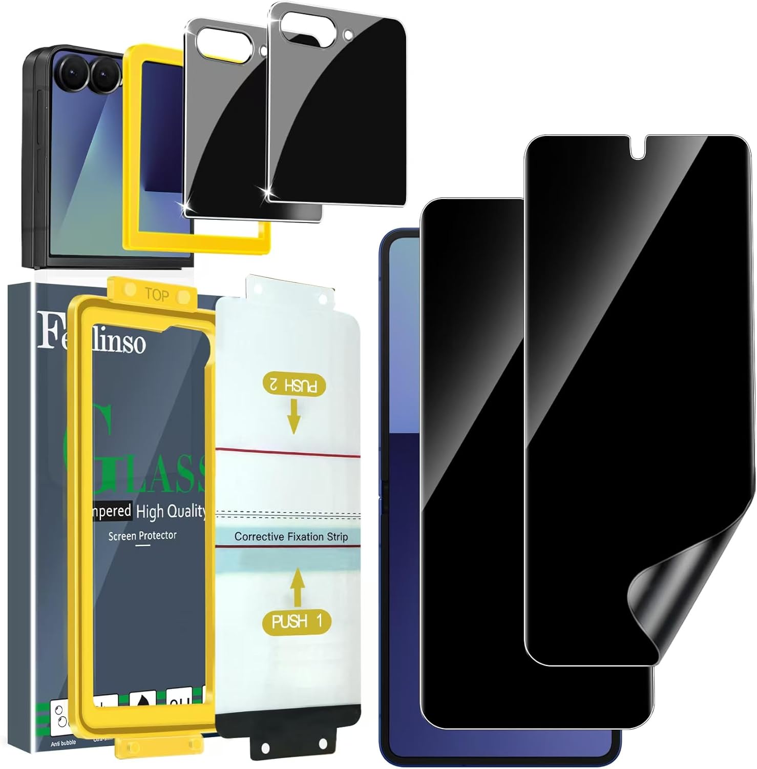 Ferilinso [Auto Dust Install] 2 Pack Inside Privacy Screen Protector for Samsung Galaxy Z Flip 7 [Phone Case Friendly], Anti-Spy Film with 2 Pack Front Tempered Glass Accessories Z Flip 7-6.9 INCH