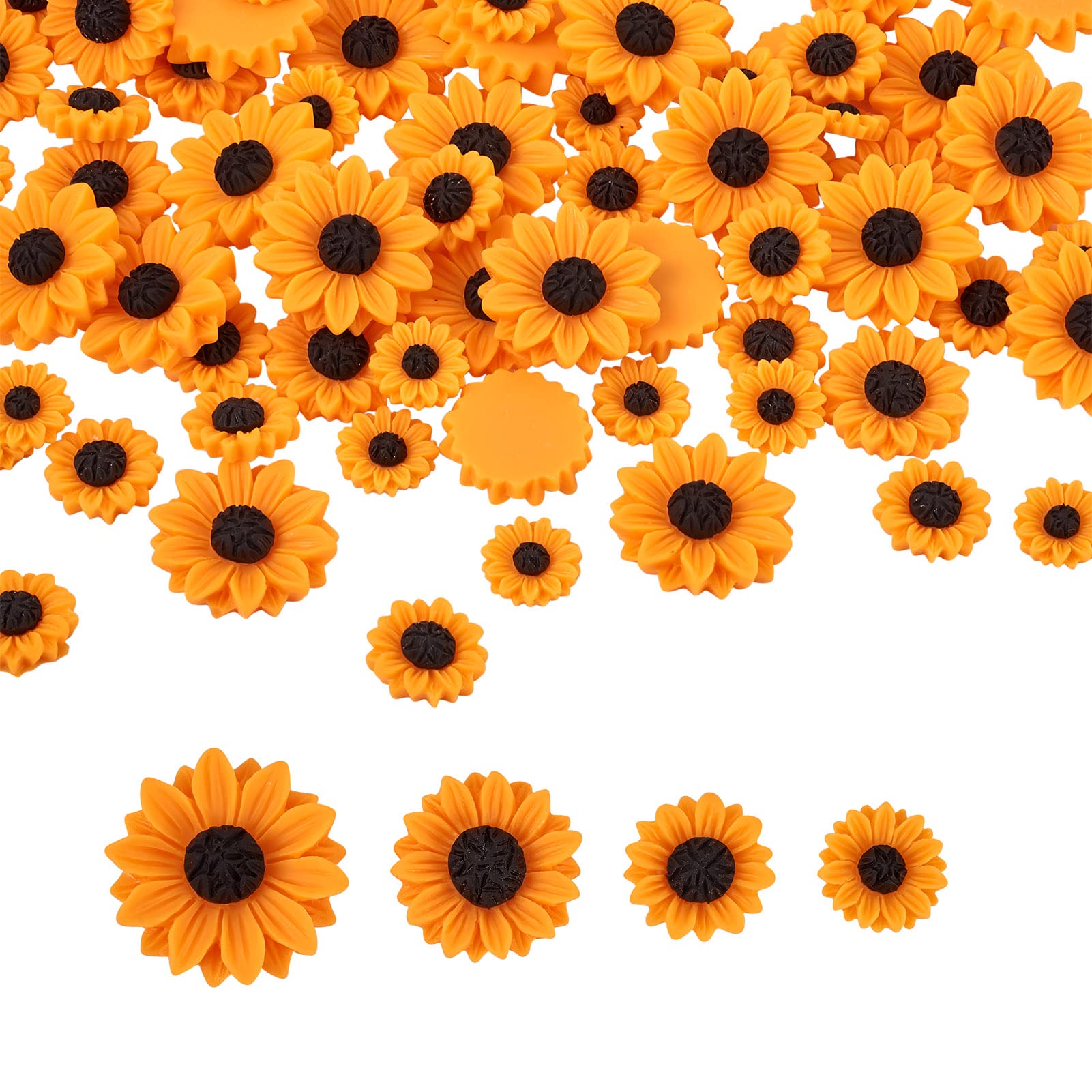 Craftdady 100pcs Undrilled Flat Back Resin Daisy Beads Sunflower Cabochon 4 Sizes Charms For Jewellery DIY Hair Accessories Earrings