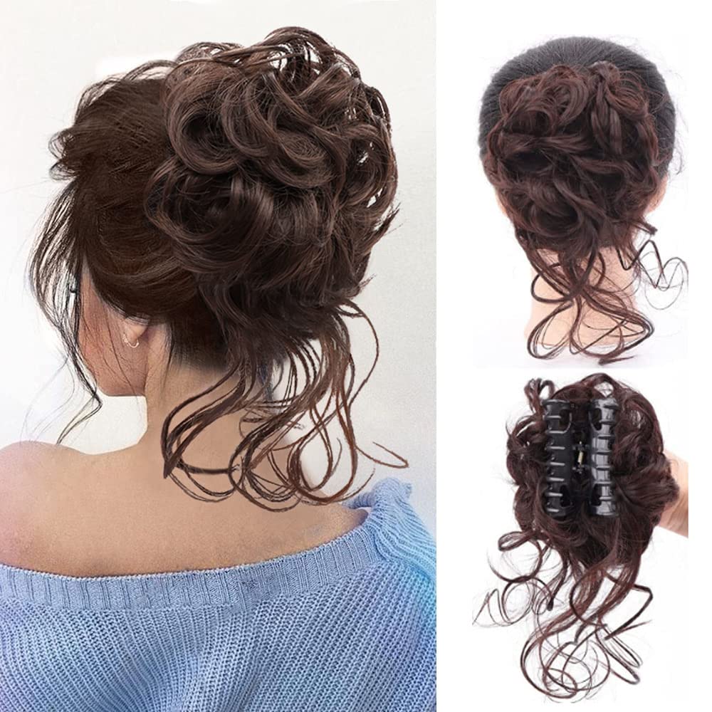 Goodern 2 Pcs Messy Bun Hair Extensions Claw Clip Bun Hair Pieces Synthetic Curly Hair Bun Wig Claw in Short Ponytails Hairpieces Updo Hair Scrunchie Chignon for Women Girls Daily Wear-Dark Brown