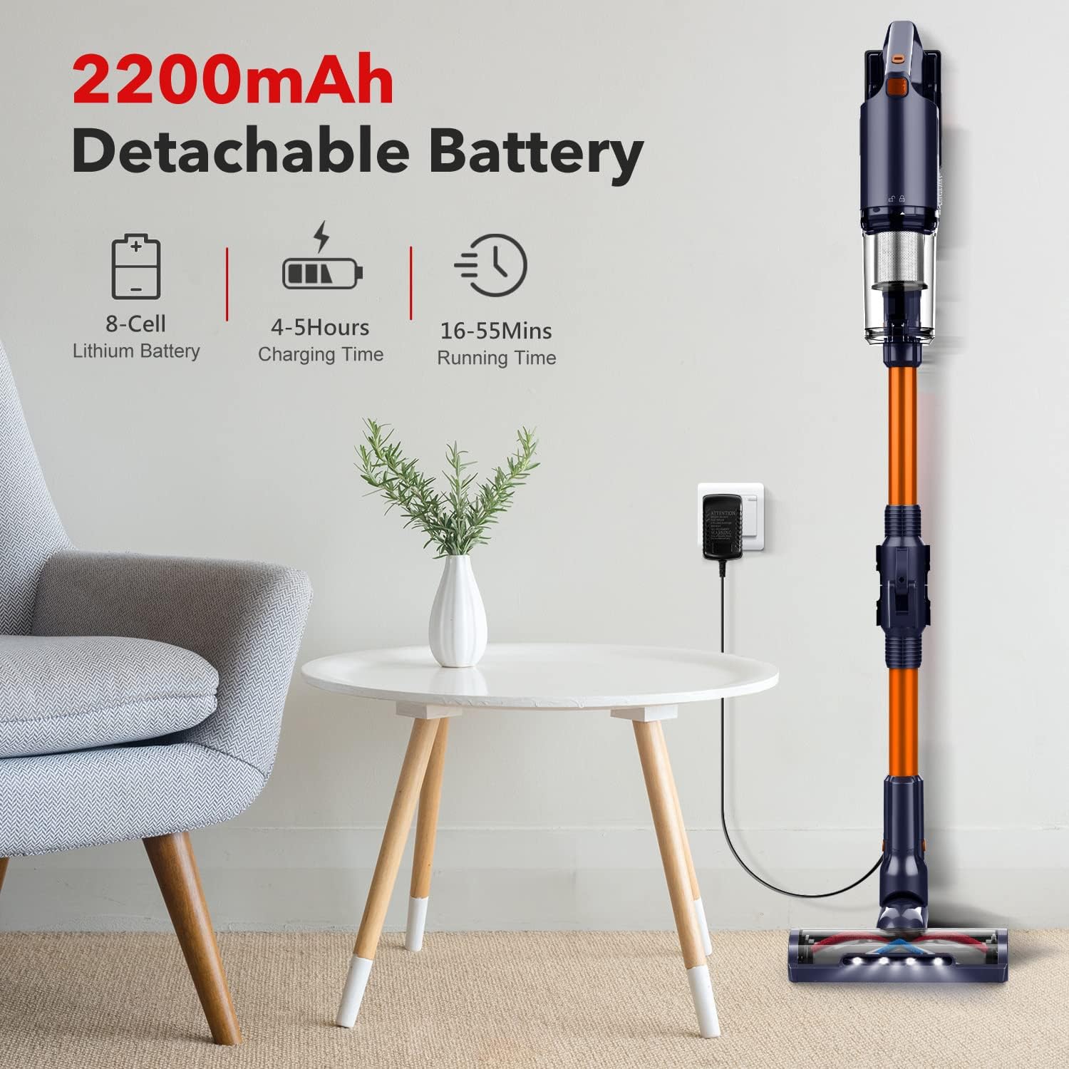 Fochai cordless vacuum cleaner charging on a wall mount.
