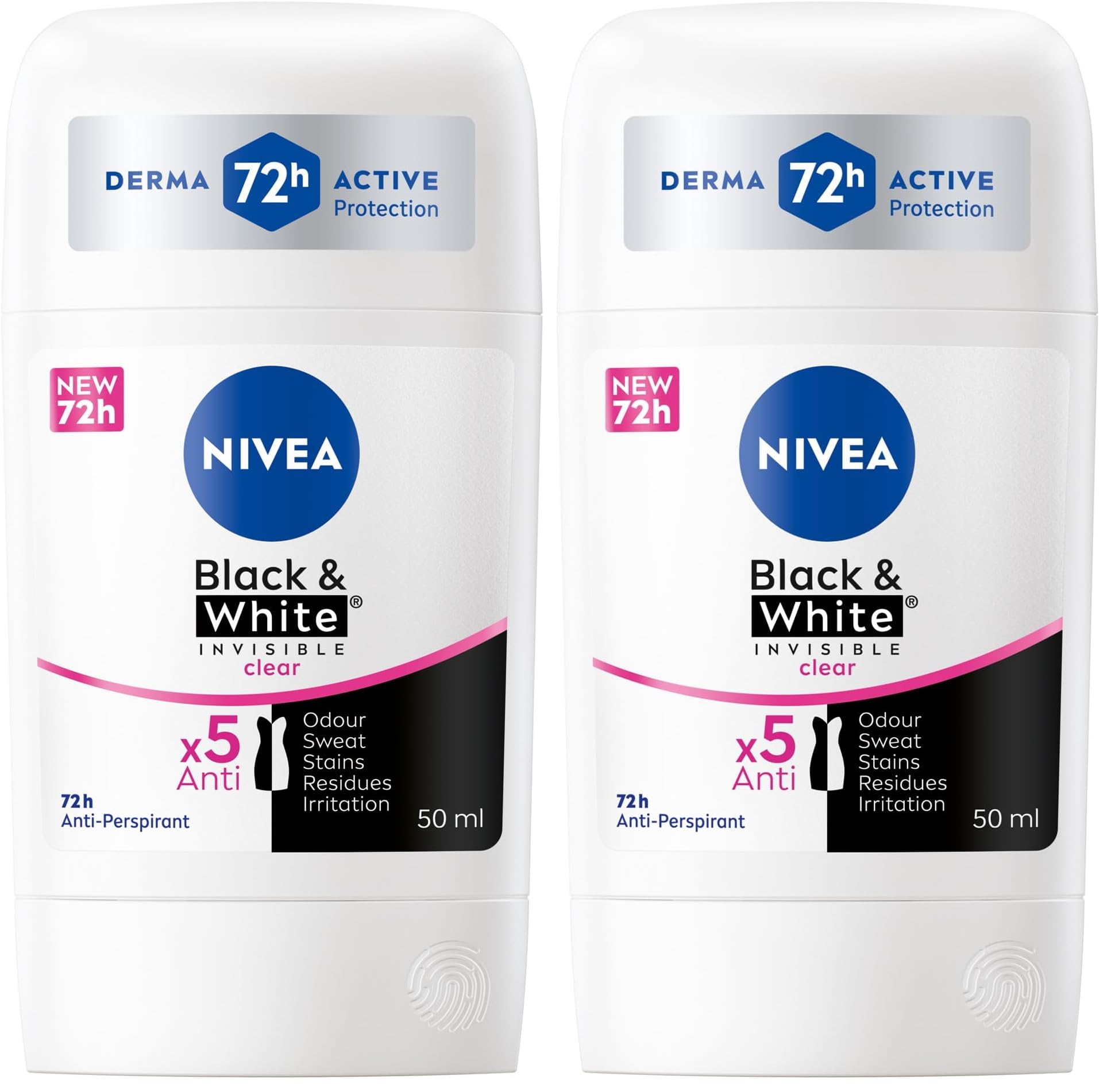 NIVEA Black & White Invisible Antiperspirant Deodorant Stick for Women, Clear, 72H Active Protection, 5IN1, Anti-Odour, Sweat, Stains, Residues & Irritation, 50ml (Pack of 2)
