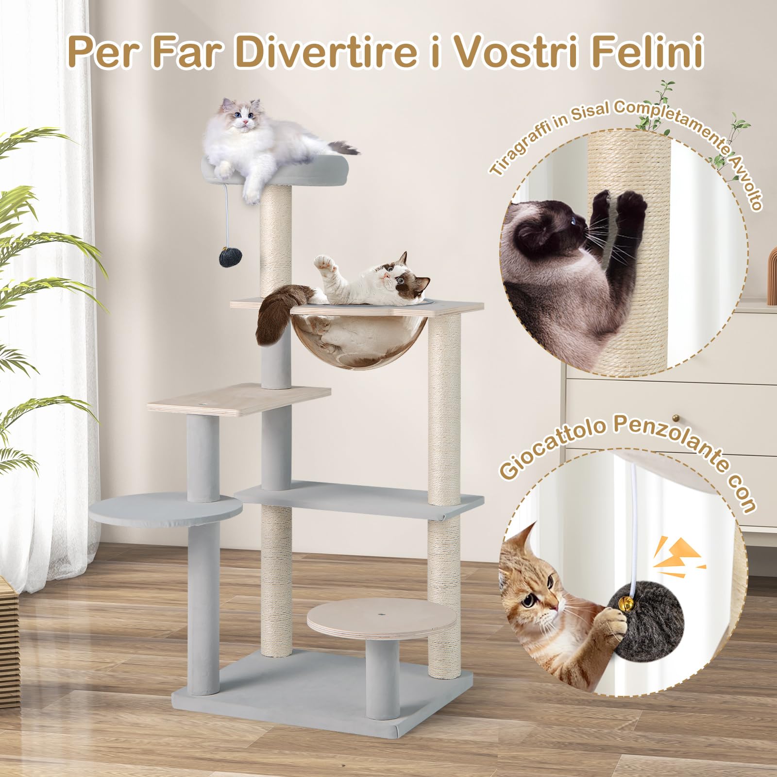 COSTWAY Tiragraffi per Gatto Alto 113 cm con Capsula Spaziale, Albero Tiragraffi Gatti con 4 Pali in Sisal, Piattaforme, Trespolo e Pompon, Torre Gatto in Legno Solido, Naturale e Grigio