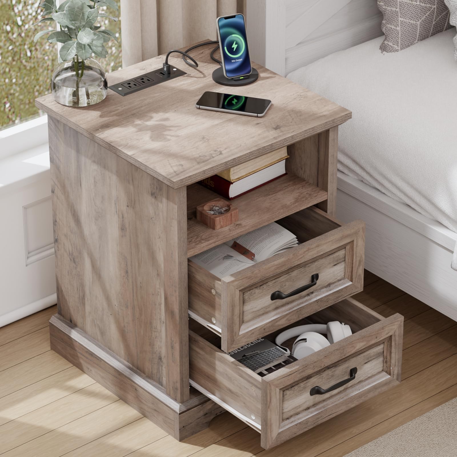 HOMMPA 18'' Farmhouse Nightstand with Charging Station, Bedside Tables with Storage, Bed Side End Table with Open Shelf, 2 Drawers Wood Night Stand