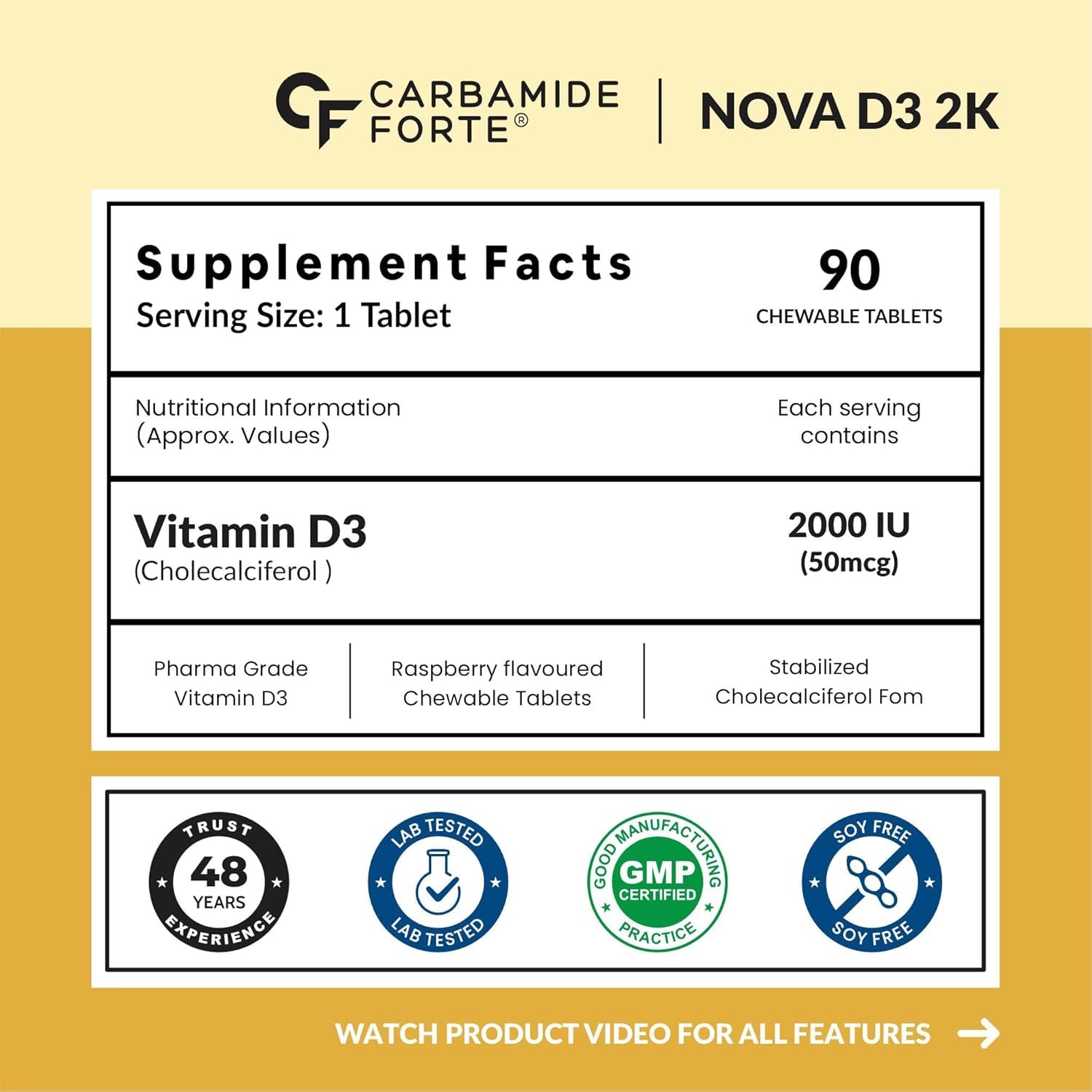 Carbamide Forte Vitamin D3 2000IU | Vitamin D3 Supplements For Men & Women - Cholecalciferol Tablets | Vitamin D Tablets For Bones & Immune Health | Raspberry Flavoured - 90 Tablets