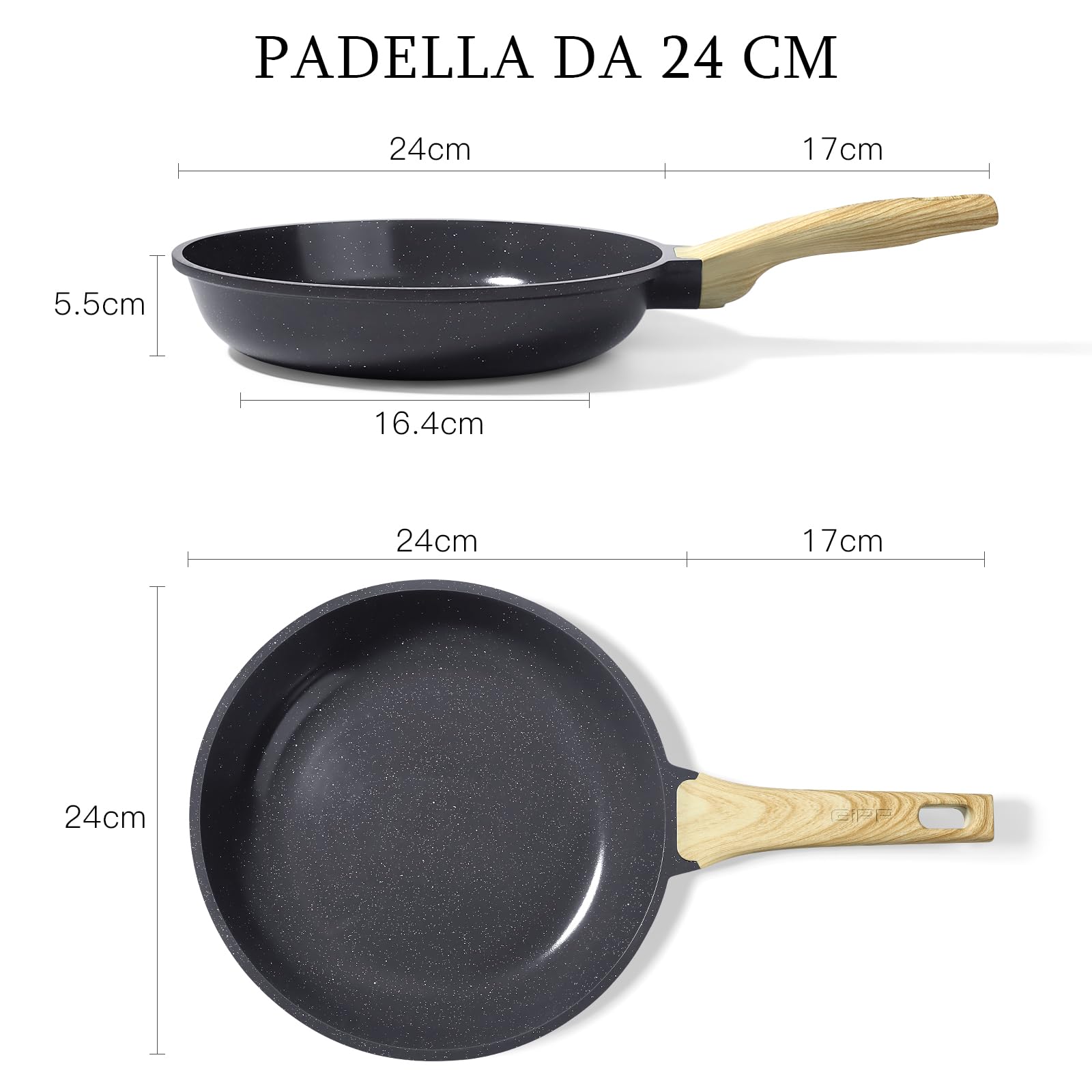 GiPP Padella Antiaderente in Ceramica – Padella Sana e Atossica da 24 cm, Compatibile con Induzione, Senza PFAS e PFOA, Lavabile in Lavastoviglie, Manico a Bassa Temperatura(Grigio,24cm)