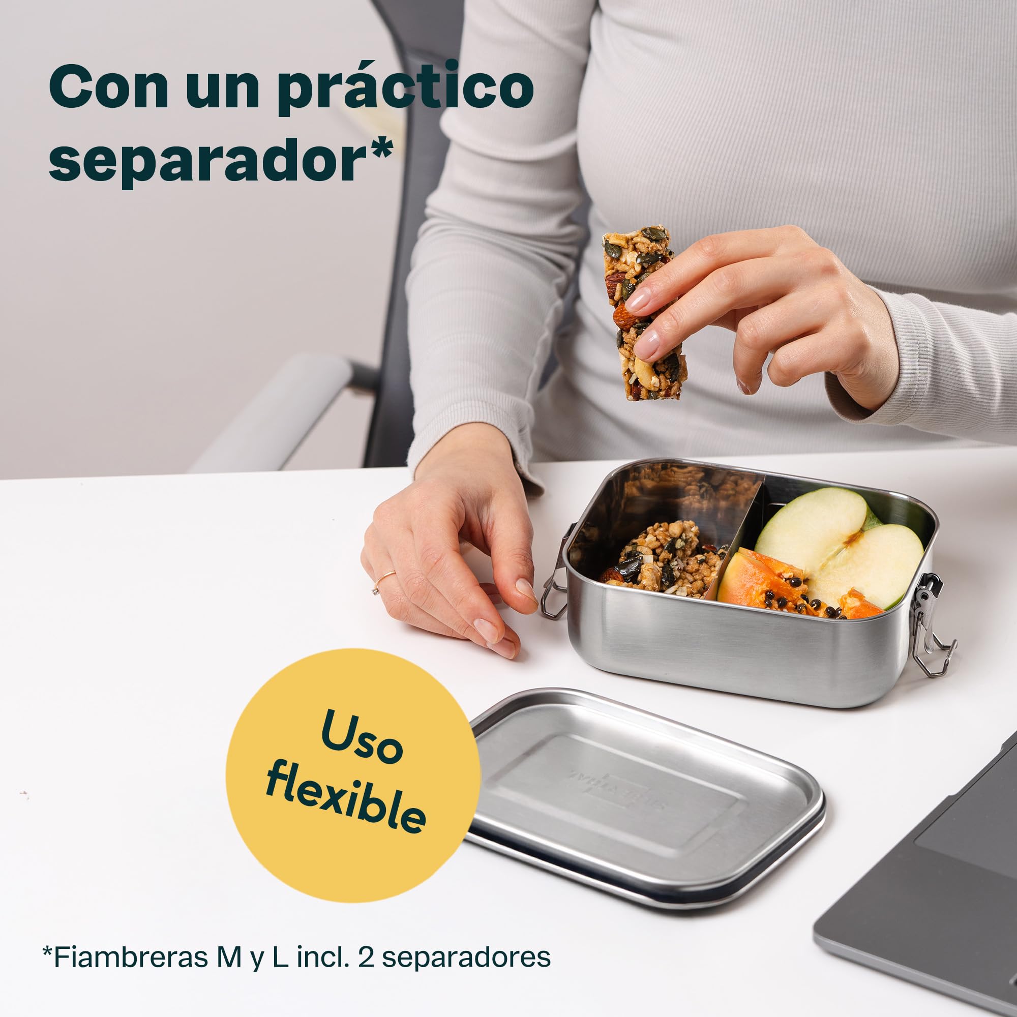 SILBERTHAL Set 3 fiambreras acero inoxidable hermeticas - 1200 ml - Fiambreras metalica trabajo - Con separador