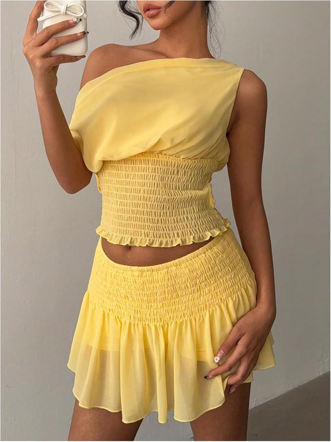 WDIRARA Women's One Shoulder Mesh Asymmetrical Tank Top and Ruched Mini Skirts 2 Pieces Outfits - Image 5