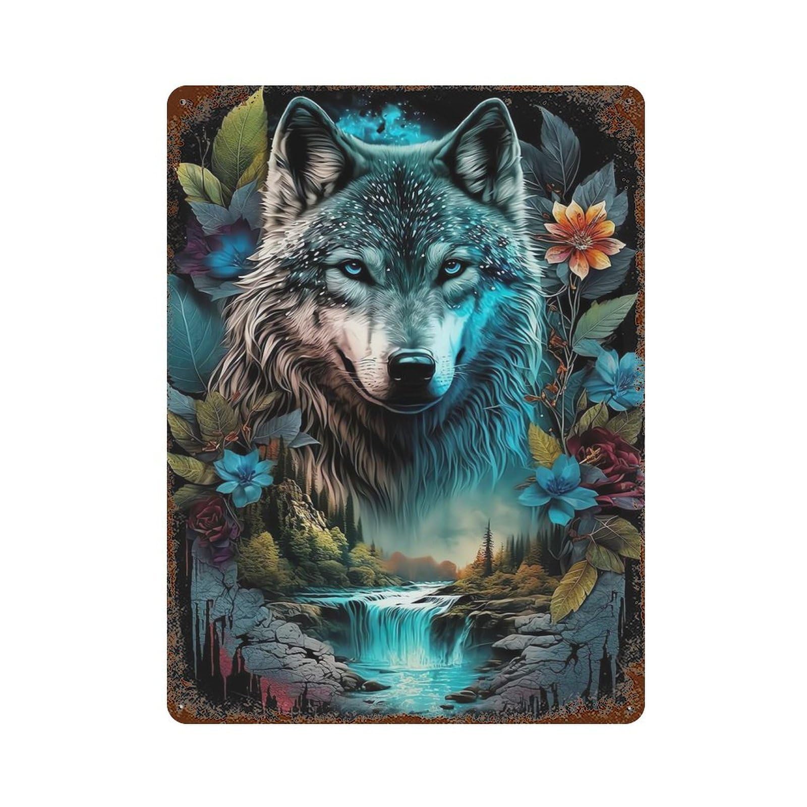 Mandala Jungle Wolf 15.7"x11.8" Rusty Metal Tin Sign, Shabby Chic Decor for Bistro, Counter And Cafe Decor