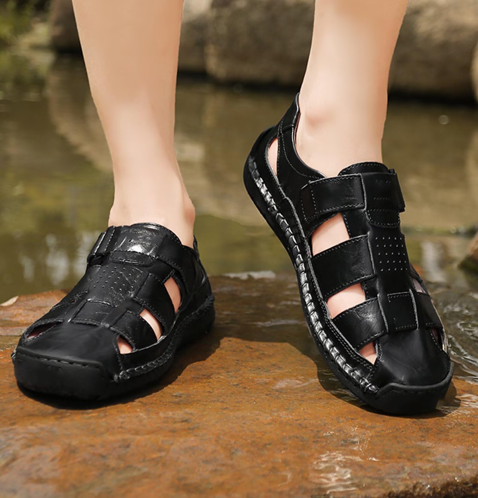 Generisch Herren Sandalen Leder Geschlossen Fisherman Sandalen Sommer Bequeme Freizeitsandalen Herrenschuhe Schwarz Braun