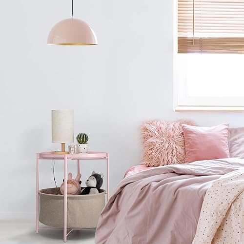Miniatura 6 de danpinera Mesa auxiliar redonda con cesta de almacenamiento de tela, mesa auxiliar de metal pequeña, mesita de noche con bandeja extraíble para sala
