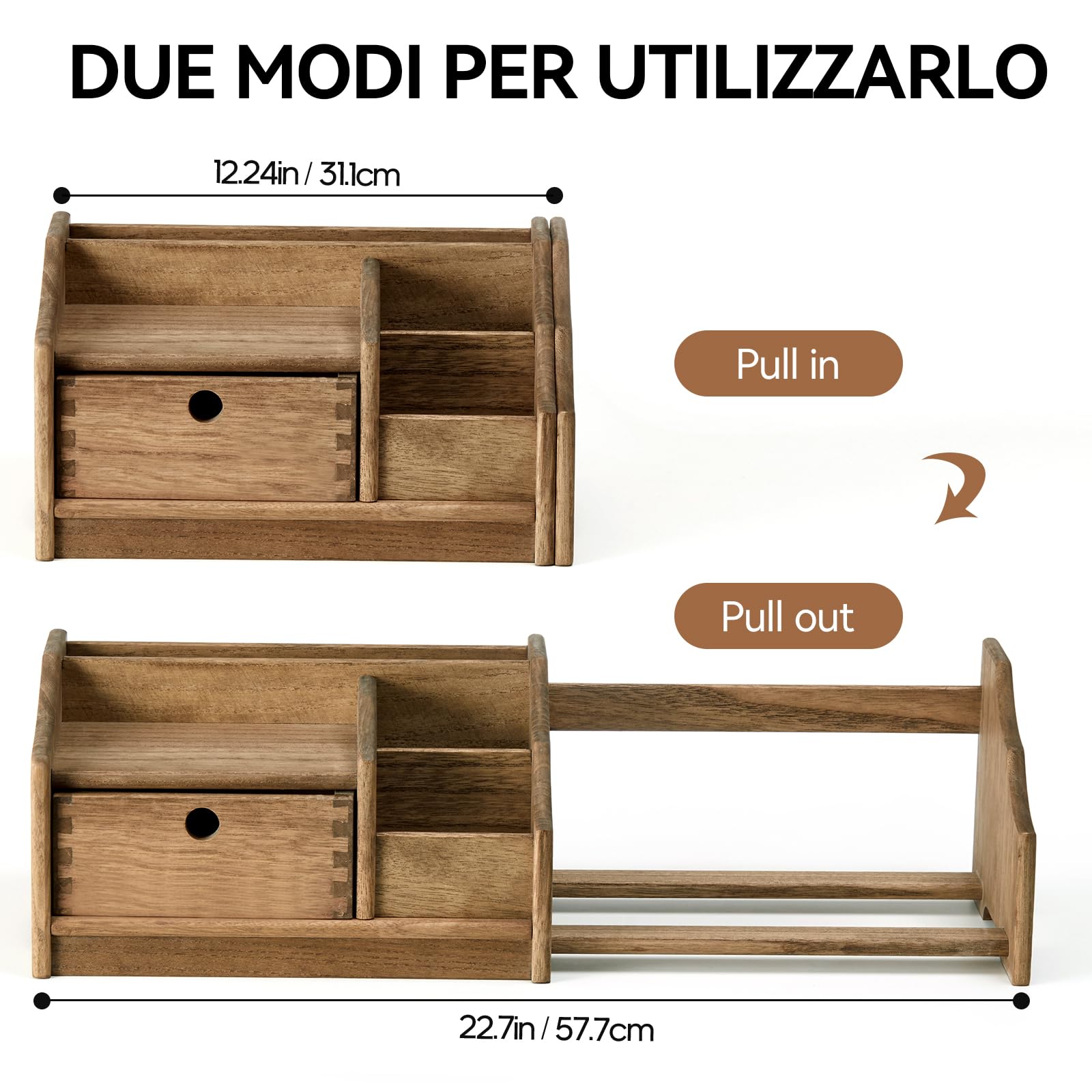 KIRIGEN Libreria in Legno Regolabile con Cassetto – Organizer da Scrivania Completamente Assemblato, Salvaspazio per Libri, Documenti e Riviste marrone