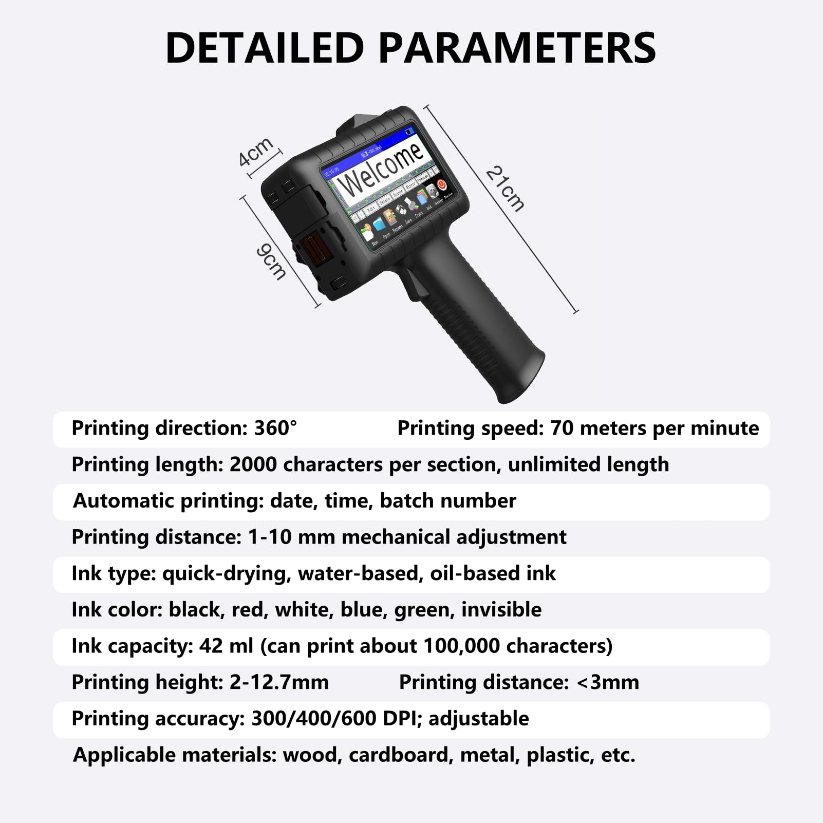 Stampante portatile portatile da 4,3 pollici, pistola per stampante a getto d'inchiostro portatile, modifica liberamente il contenuto, utilizzo per codice a barre,Machine+10inkcartridges