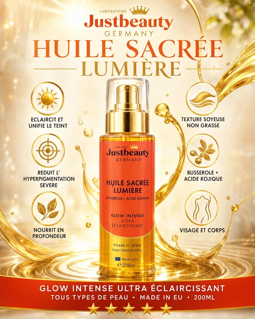 Huile Booster de Busserole - Glow Intense 200ml | Soin Éclaircissant Anti-Taches | Unifie le Teint & Illumine la Peau | Hydratation & Éclat Naturel