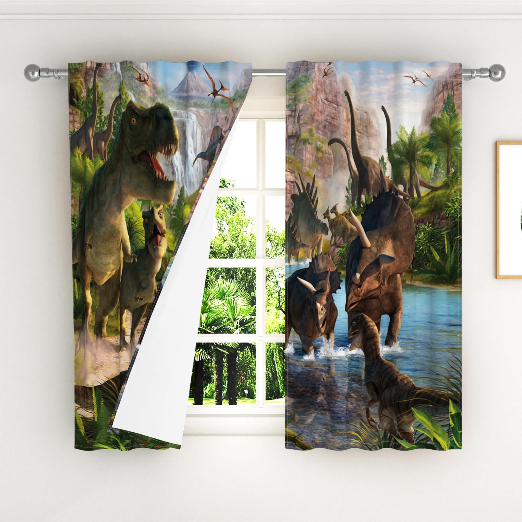 140x229cm braune Cartoon Vorhänge 2 Paneele, Jurazeit Heimat der Dinosaurier Grüner Wald Blauer Fluss Malerei, Fantasy Spaß Dekor für Kinderzimmer, Wohnzimmer