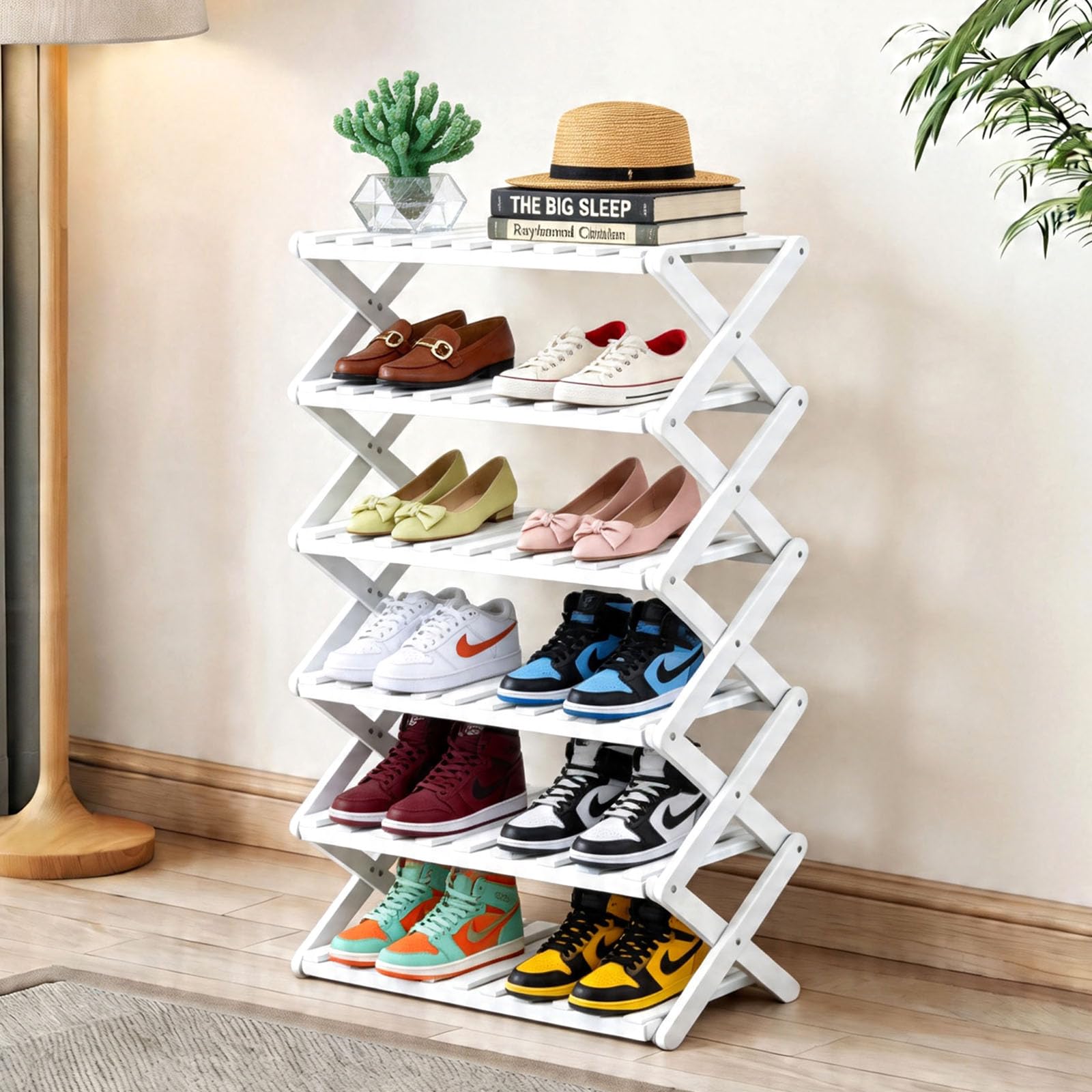Momleix Folding Shoe Rack White, 6 Tier Shoe Shelf Without Installation, Sturdy Bamboo Storage Organiser for Entryway Closet and Small Spaces, Space-Saving Shoe Storage Stand