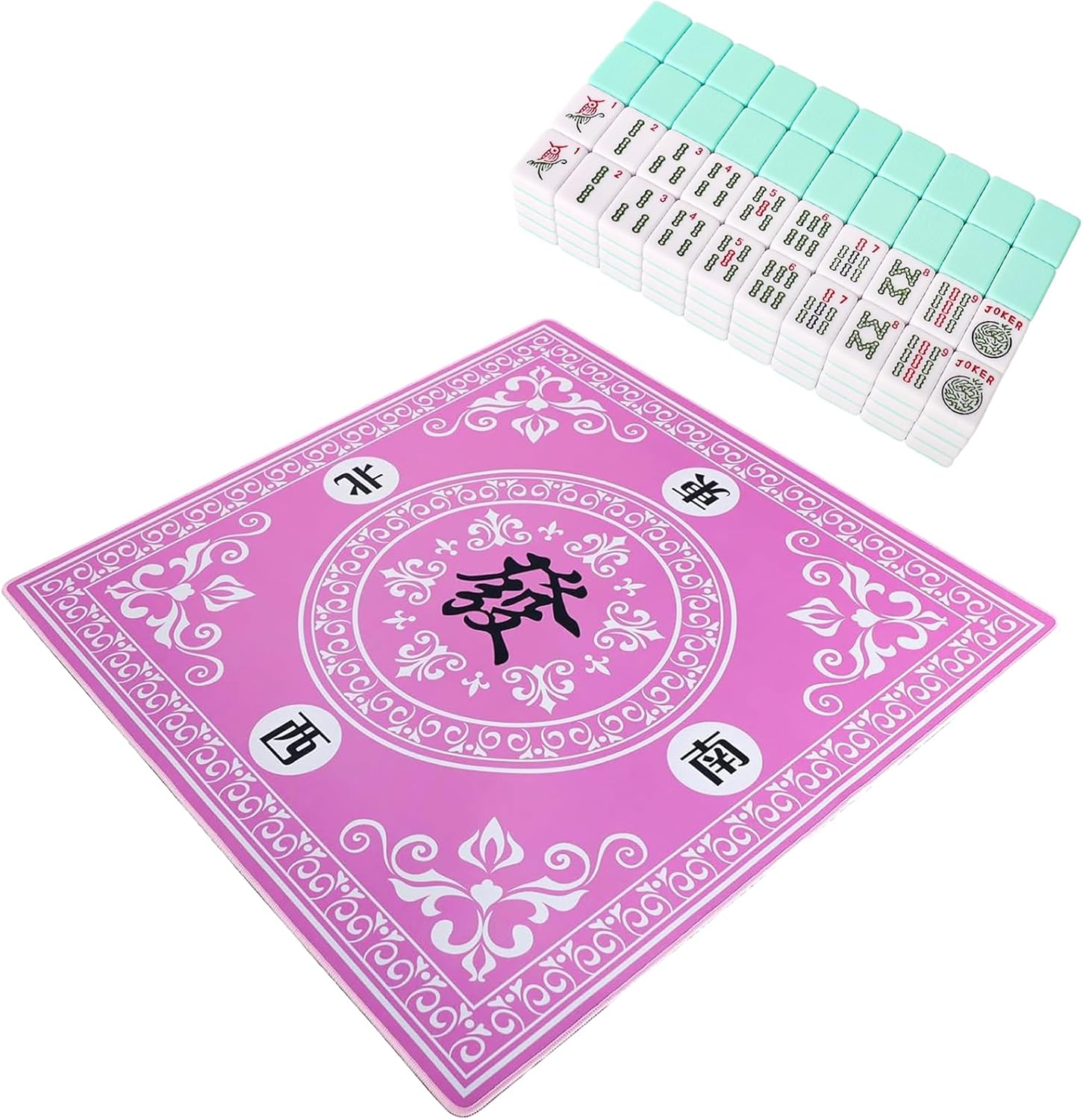 Set of American Mahjong Tiles, 166 American Mahjongg Tiles with Light Green Color(1.2”,Tiles Only Set),with Mahjong Mat,Mahjongg Table Mat with 3 Dice & Carrying Bag (Pink, 31.5 inches)