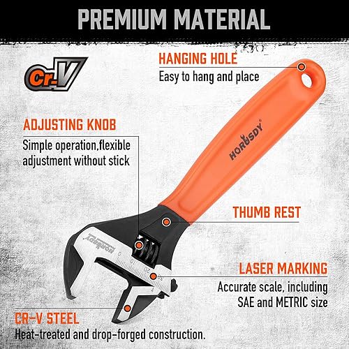 Miniatura 5 de HORUSDY Juego de llaves ajustables  2 piezas  Llaves de 6 y 10 pulgadas  Escalas métricas y SAE  Llave de agarre de cojín  Acero Cr-V