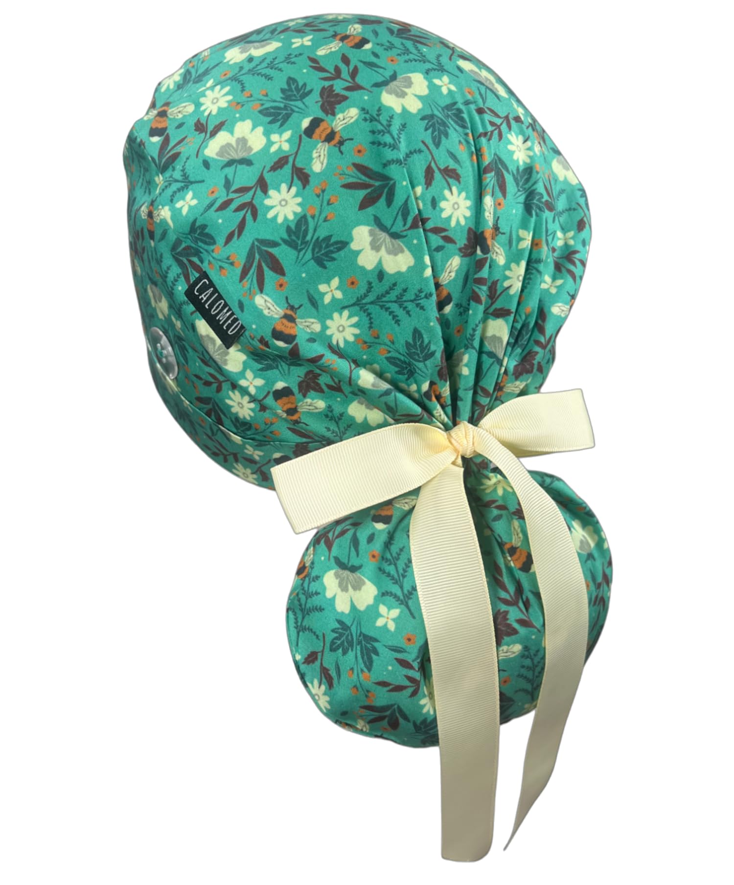 CALOMED Scrub Cap for Women and Men, Ponytail Scrub Caps, Working Hat, Head Cover with Ribbon Ties and Buttons, Long Hair