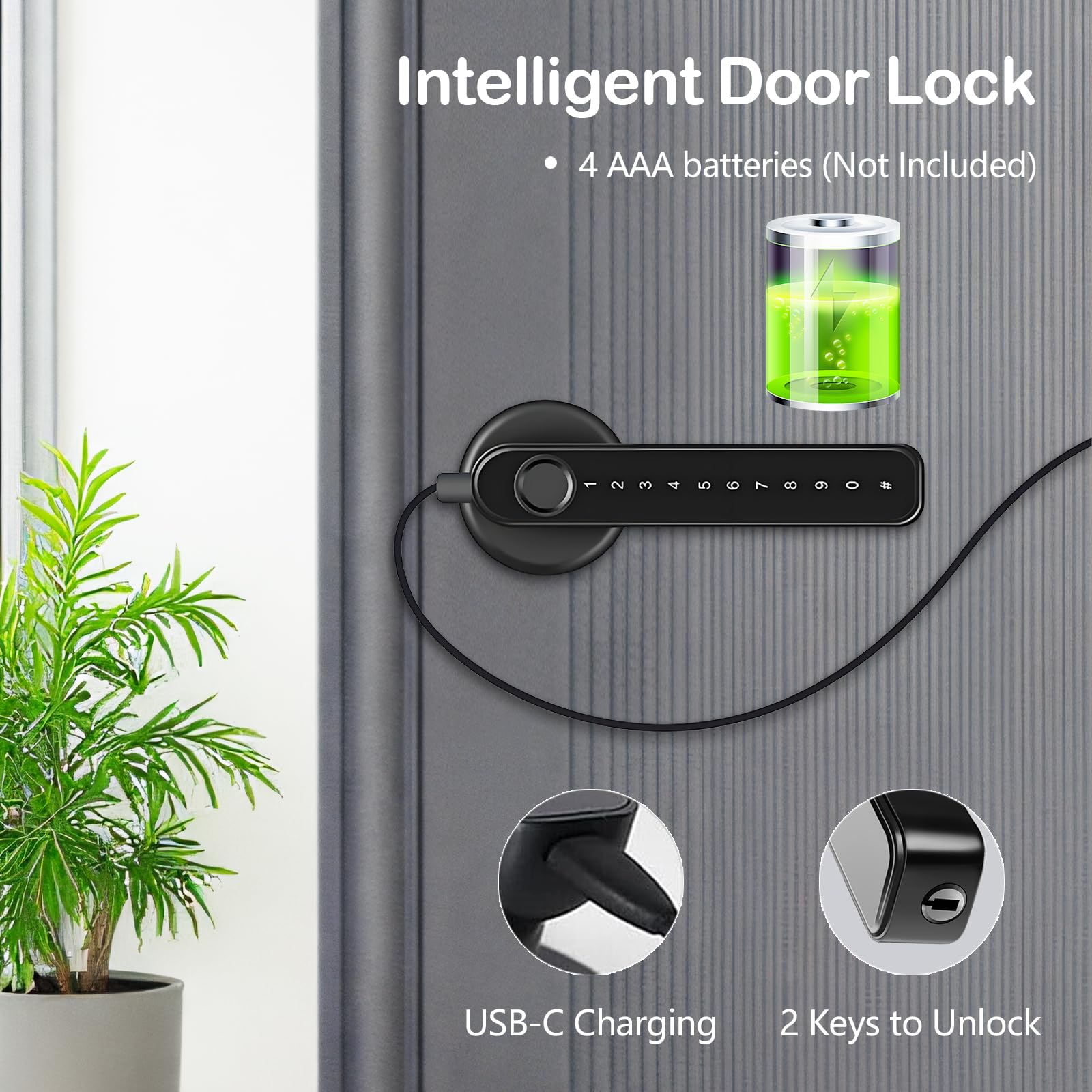 Serratura intelligente per porte interne, serratura elettronica con impronte digitali e 4 opzioni di sblocco per camera da letto e ufficio (spessore porta 35-55 mm)