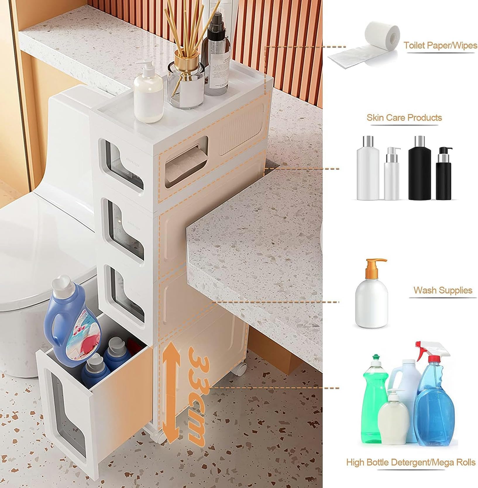 Armario de baño con cajones apilables, Delgado, de plástico, con cajones deslizables multifuncionales de 2 a 4 niveles, organizador de baño para esquinas Que ahorra espac
