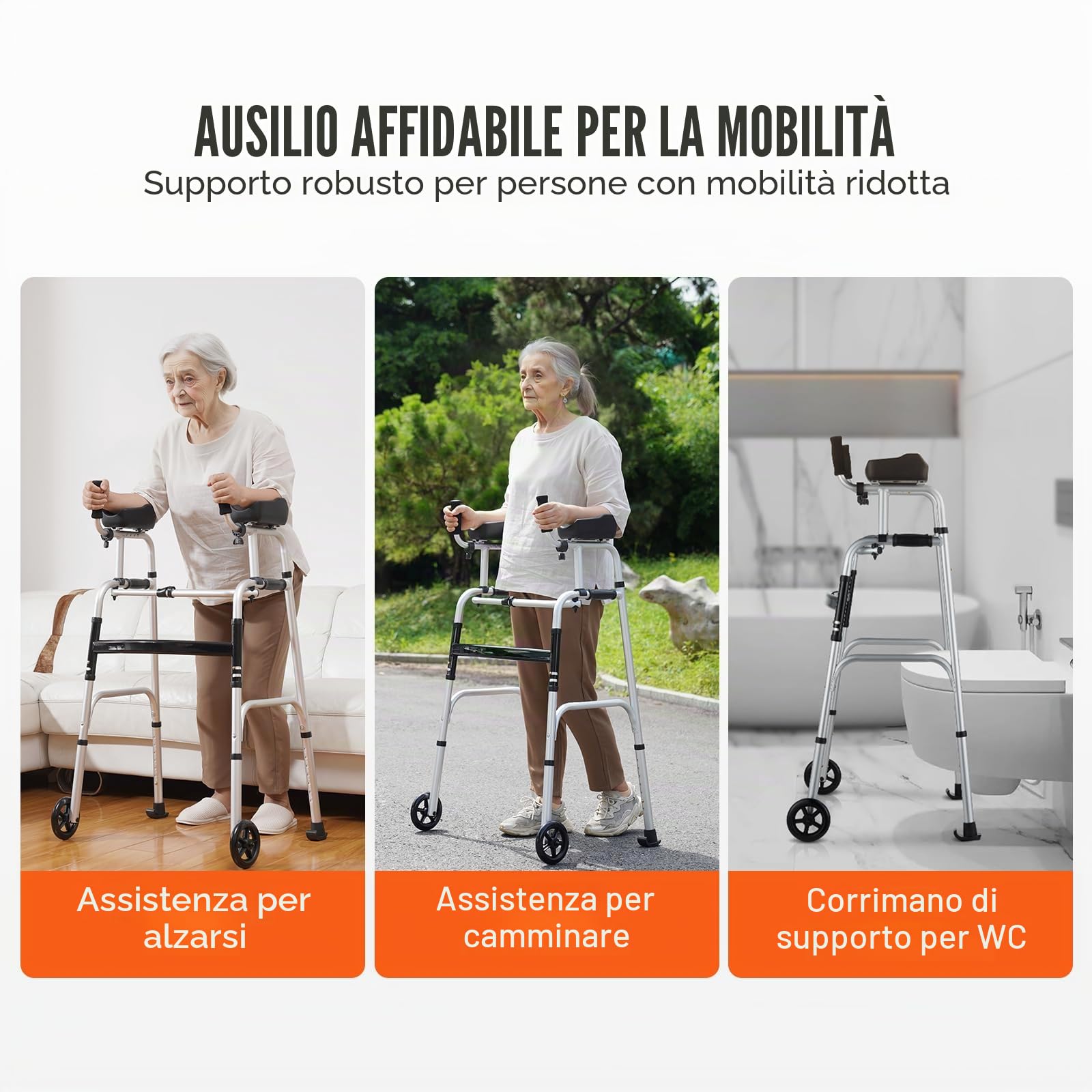 VEVOR Deambulatore Pieghevole 2 in 1 Ausilio per Mobilità con Ruote Anteriori, Braccioli Rimovibili, Altezza Regolabile con Ruote Solide da 127 mm Alluminio Leggero, per Anziani Disabili, 204,11 kg