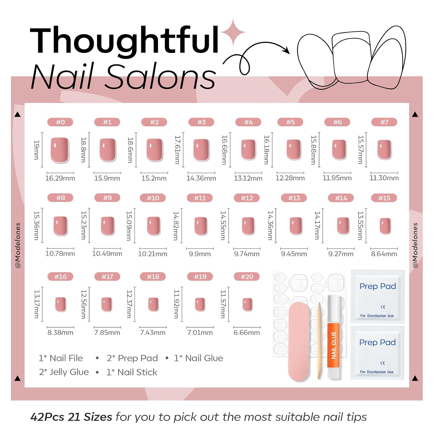 Modelones 42 Pcs Rose Pink Press On Nails Short Square Fake Nails 21 Sizes