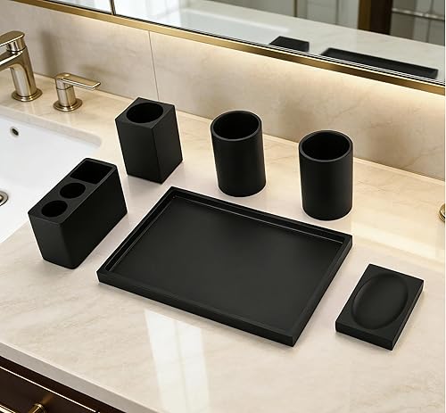 Miniatura 4 de Juego de accesorios de baño negro mate, 6 piezas, juego de accesorios de baño para decoración de baño con 1 bandeja de tocador, 2 vasos, 1 soporte