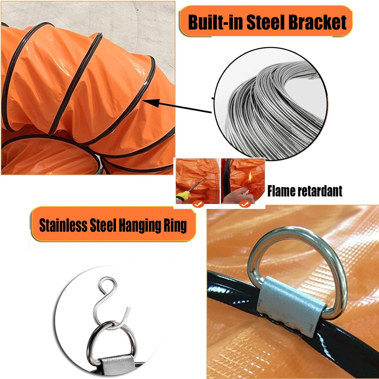 Conducto Flexible ignífugo de Tela de Nailon de PVC de 6,5 a 33 pies con Cuerda Ajustable, Anillos en Forma de D y Soporte de Acero, Apto para Colgar libremente y para Soporte de v
