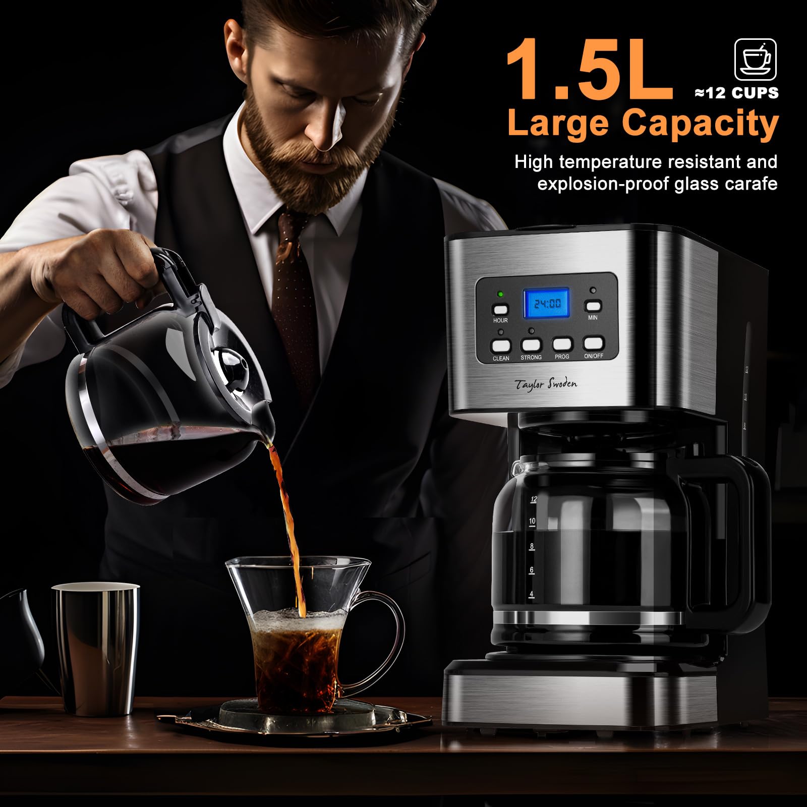 Taylor Swoden Darcy 950W Kaffeemaschine mit Timer 1.5L Filterkaffeemaschine 12 Tassen BPA-frei Schwarz