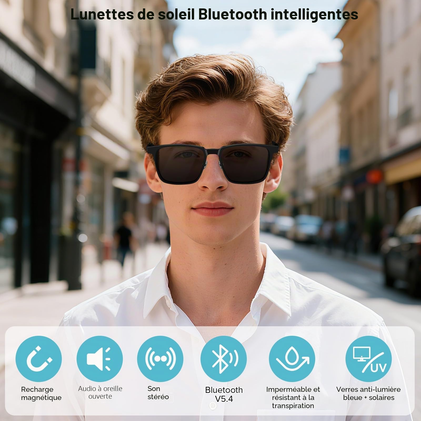 Lunettes Intelligentes, Lunettes de Soleil Bluetooth IA pour Hommes et Femmes avec Traduction en Temps