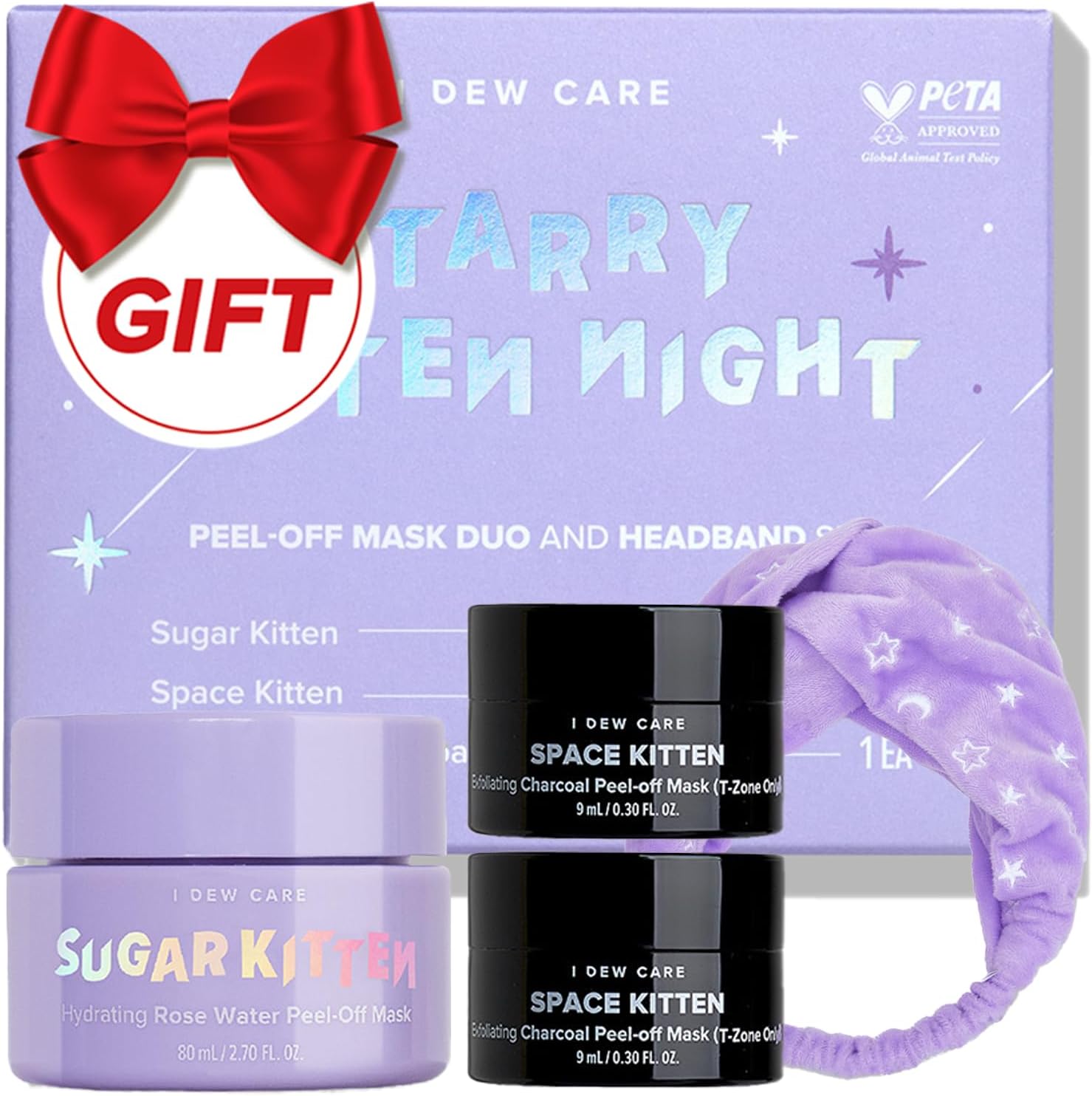 Korean Wrapping Peel Off Facial Mask Set - Starry Kitten Night | Masks 3ea & Headband Gift Set, Korean Skincare, Glow Skin, Hydrating, Exfoliating, Stocking Stuffers, Travel Size, Mini Set