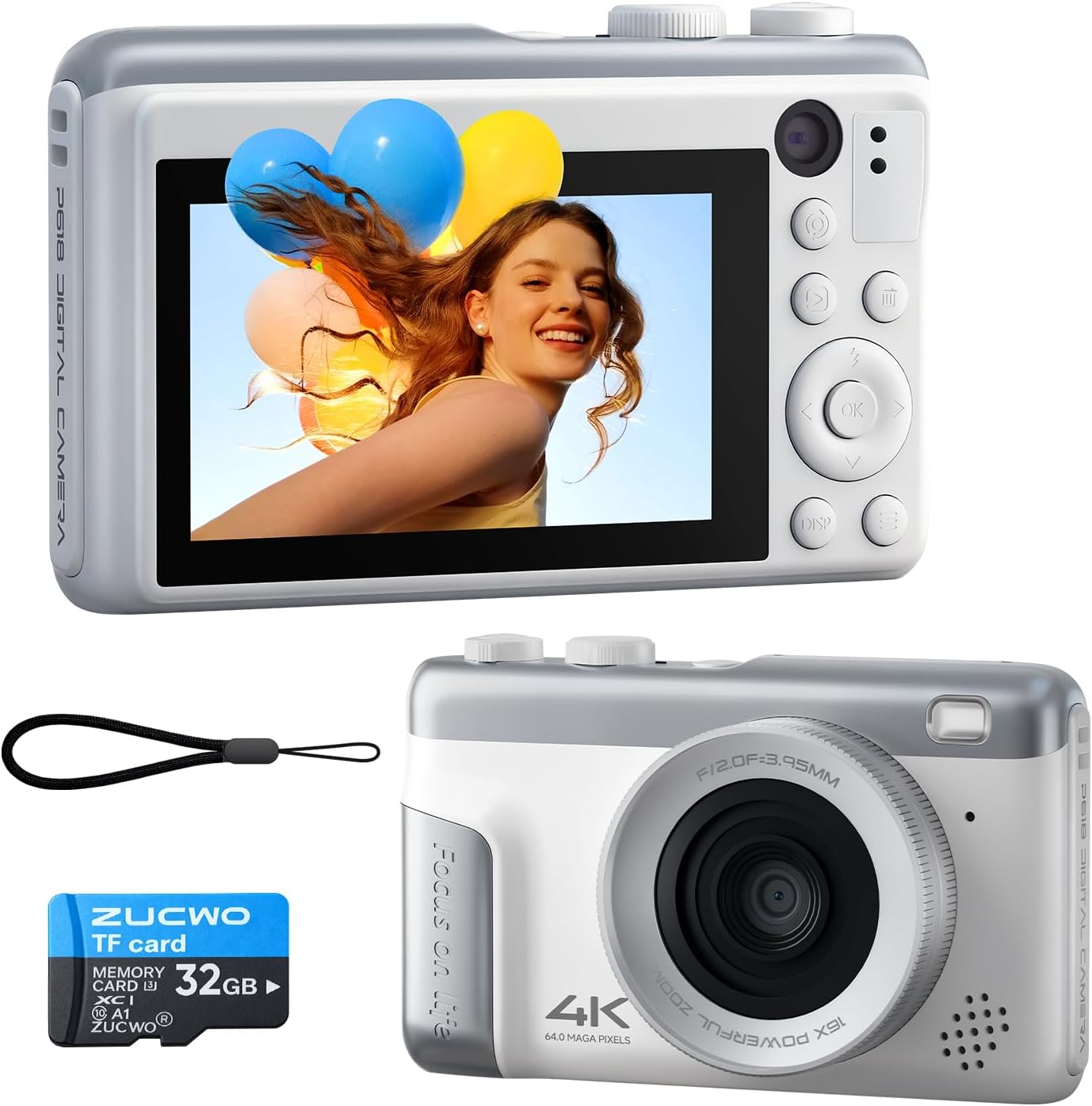 - ZUCWO Digital Camera 4K, 64MP Compact Point and Shoot Camera for Everyday Photography, Autofocus with 16X Zoom, Type-C Rechargeable Travel Camera with 32GB Card, White