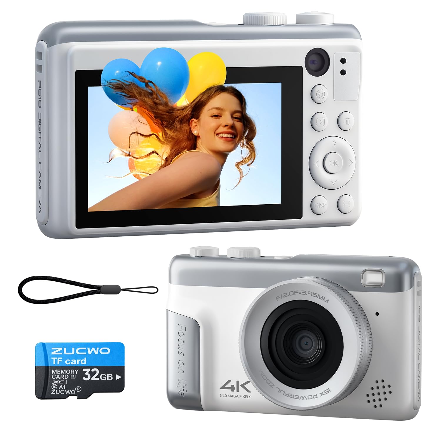 Photo 1 of ***DAMAGED - SEE NOTES/PICTURES*** ZUCWO Digital Camera 4K, 64MP Compact Point and Shoot Camera for Everyday Photography, Autofocus with 16X Zoom, Type-C Rechargeable Travel Camera with 32GB Card, White