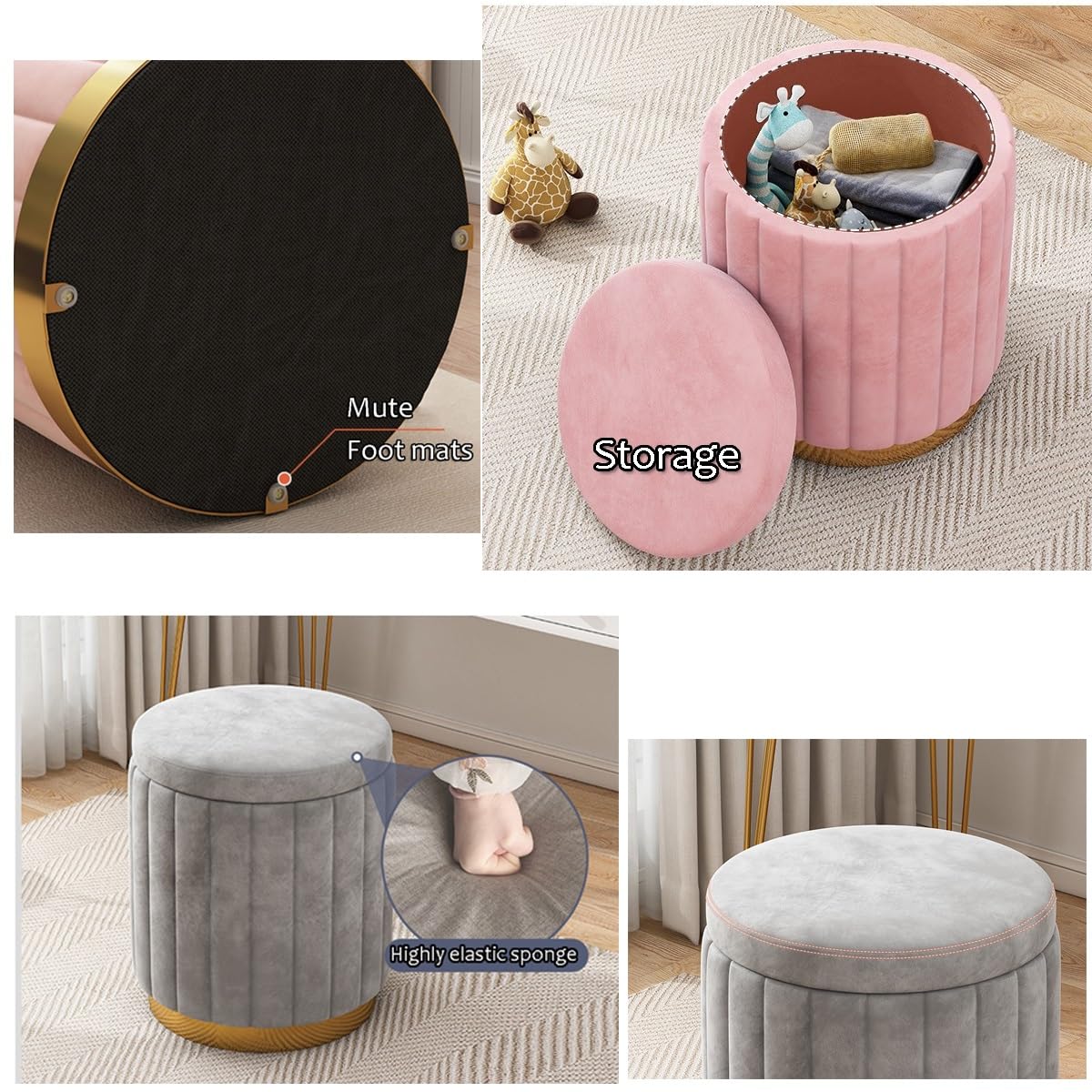 Ottomane mit Stauraum, rund, Leinen, gepolstert, Sitzhocker, für Schlafzimmer, Wohnzimmer, Ankleide, Flur, Fußhocker, Pouffes Stuhl