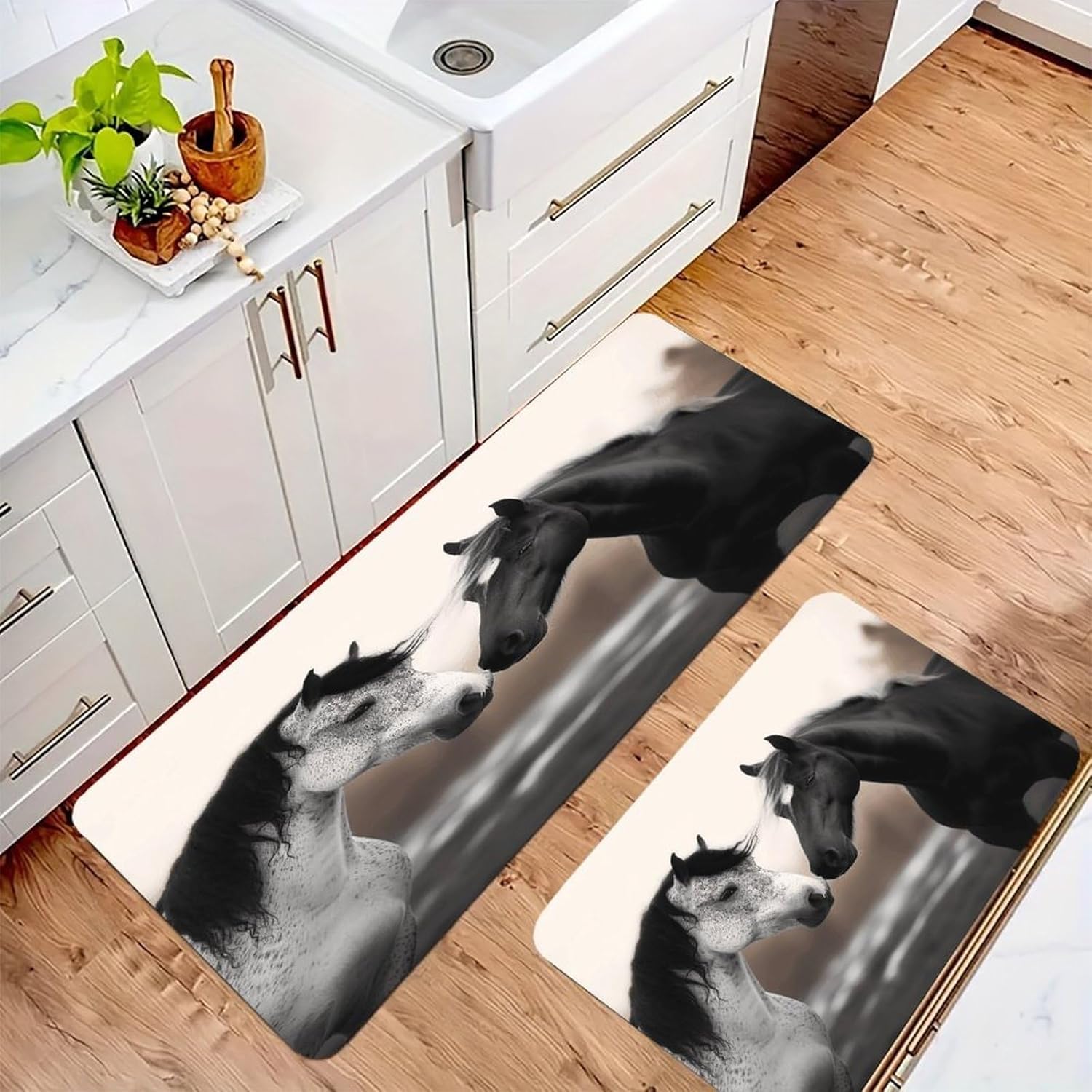 Black and White Horses Kitchen Mat Washable Non Slip Rugs Soft Kitchen Mats for Floor Set of 2 PCS Cushioned Absorbent Runner Standing Rugs for Home Sink Laundry Office