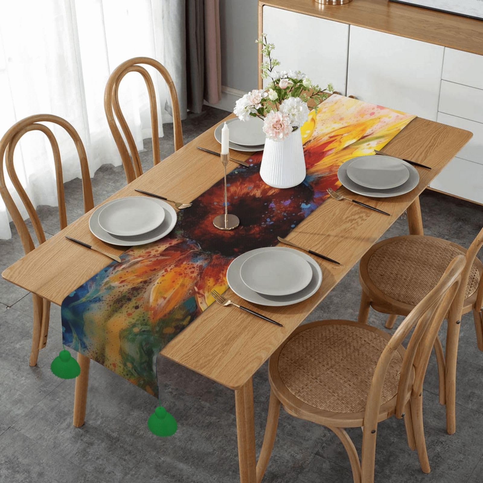 Chemin de table tournesol 152 cm en coton lin bohème pour décoration de fête