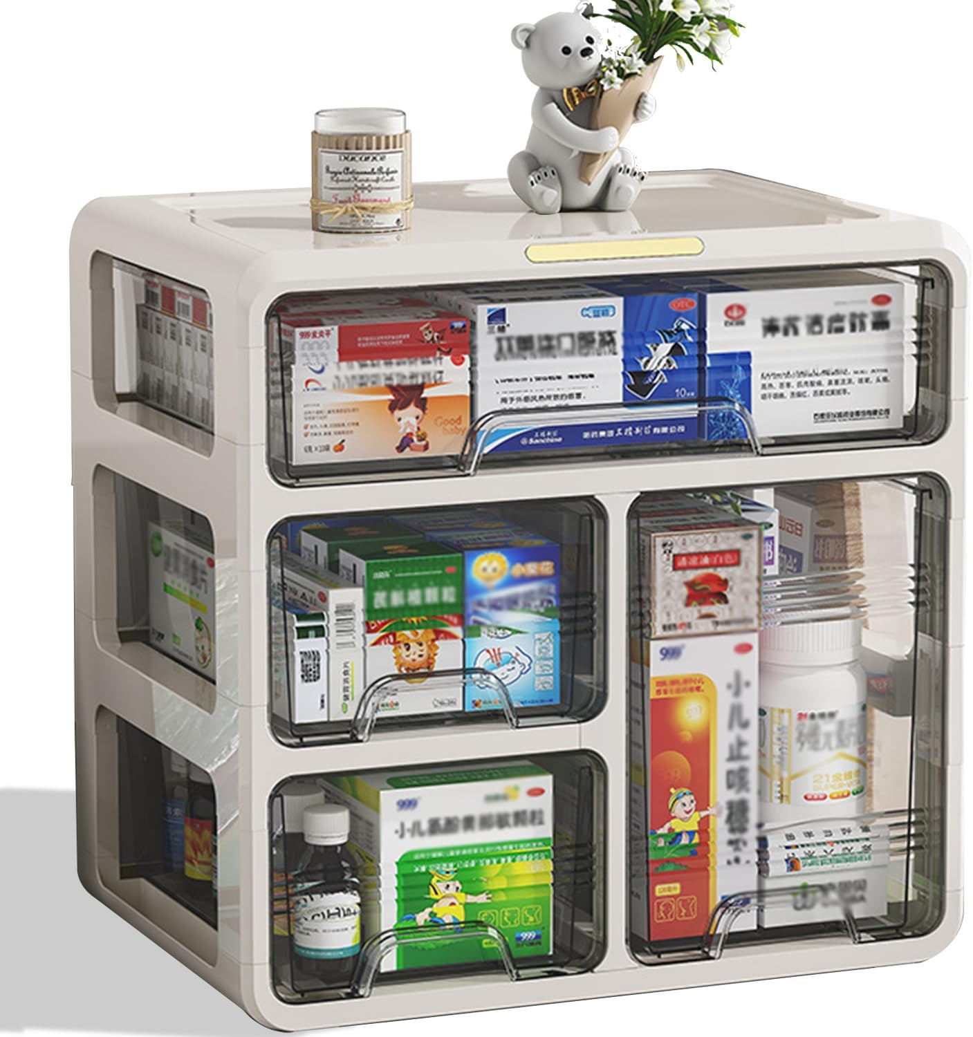 multidrawer plastic storage box organizer,medicine box-multifunctional storage container,stationery,office items,easy access,family article organizer,organize medications(cream-tall drawers-3 layer) upgraded -qj-box-tall bottle white 3