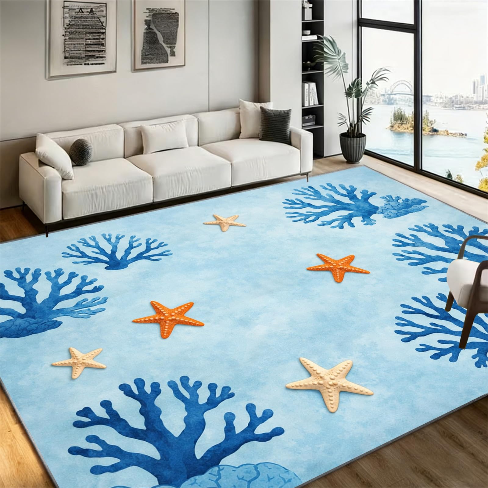 LHOMKCV Coastal Beach Theme Area Rug 100x150cm, Ocean Coral Starfish Nautical Rugs，Blue Ocean Printed Carpet, Machine Washable Low Pile Durable Carpet for Lounge, Bedroom & Kids Room