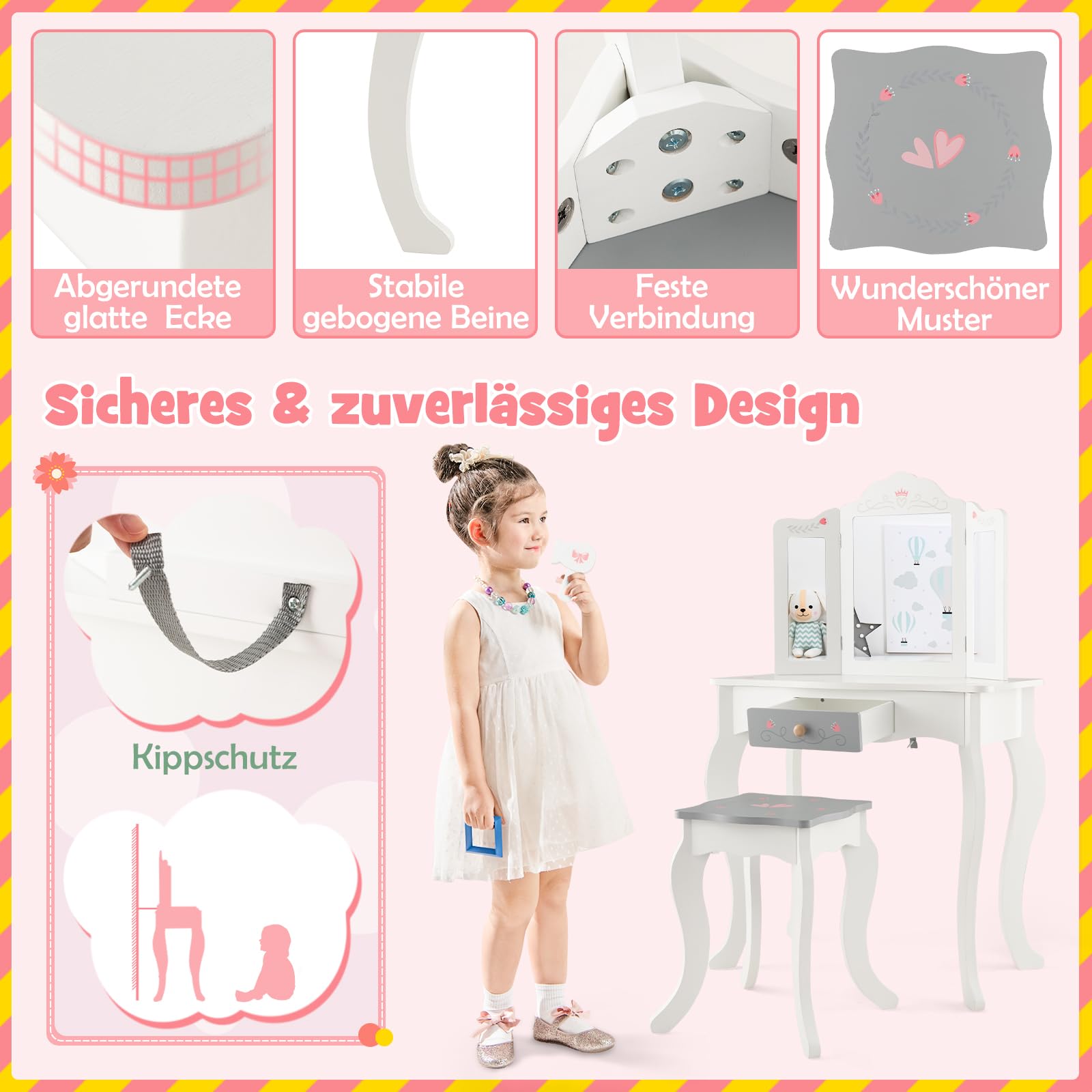 DREAMADE 2 IN 1 Kinder Schminktisch mit 10 TLG. Spielzubehör und Hocker, Prinzessin Frisiertisch mit Schublade, Kosmetiktisch Kinderschminktisch aus Holz für Mädchen ab 3 Jahren, weiß