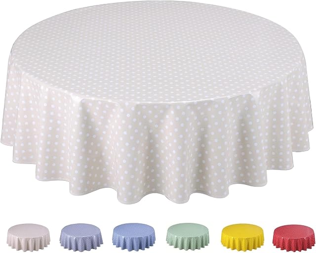 Home Direct Round Oilcloth PVC Wipe Clean Tablecloth 140cm 55" Small Polka Dot Beige