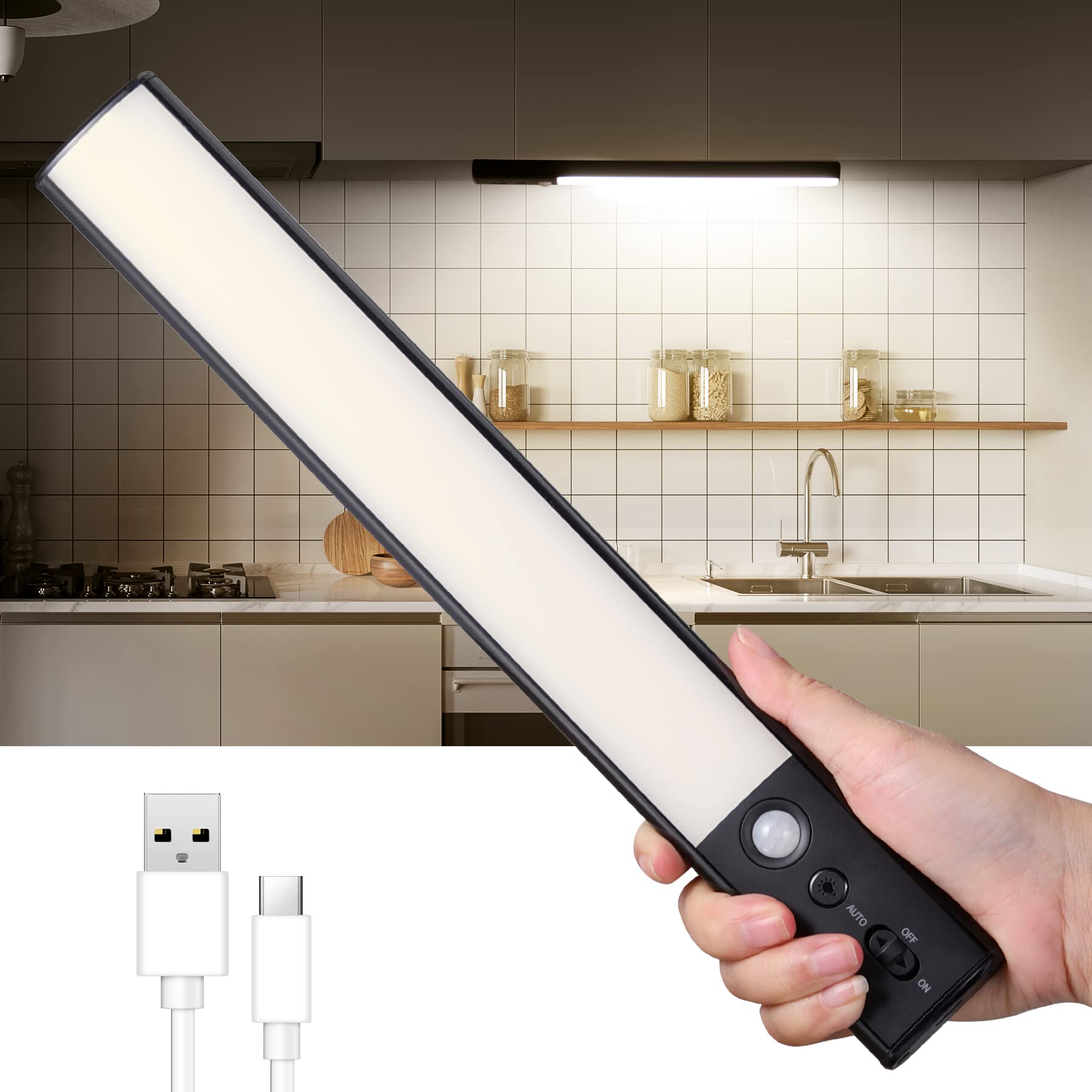 YELKO LED Motion Sensor Cabinet Light Under Counter Closet Lighting 4200mAh Rechargeable nightlights Battery Operated Dimmable Portable LED