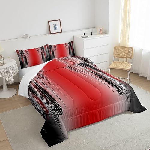 Vista 4 de jejeloiu Juego de edredón rojo y negro para niños y niñas, edredón rojo degradado, tamaño individual, geometría desordenada, óxido, juego de ropa
