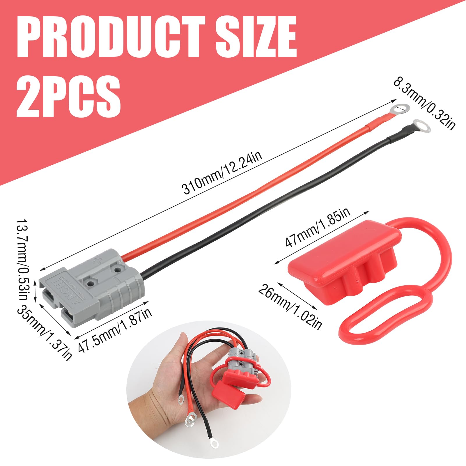 Anderson - 2 connettori da 50 A, 600 V, con cavo da 10 AWG, 30 cm, connettore per batteria con tappo di protezione, spina Anderson con cavo per porta caricabatterie