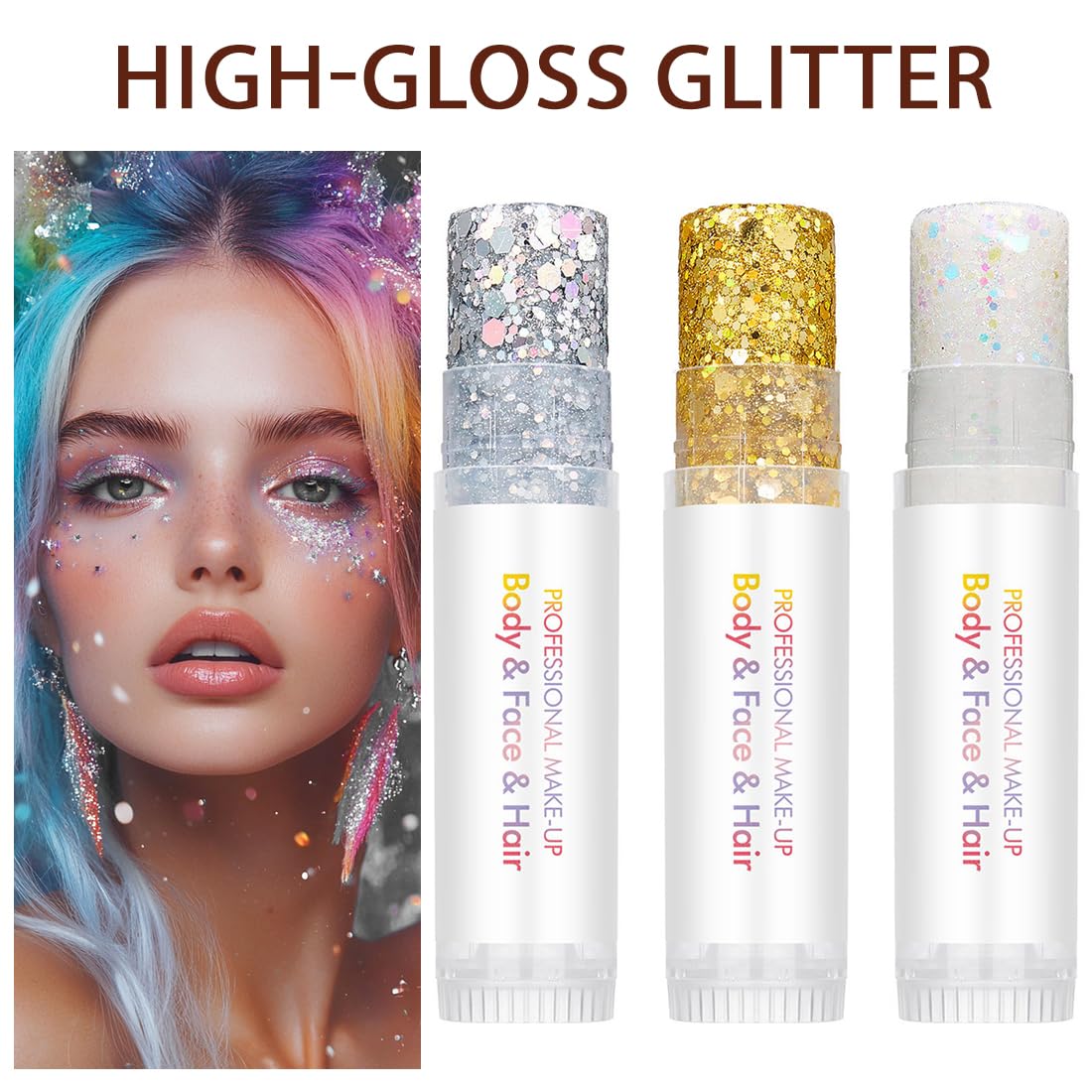 3 Pezzi Glitter Viso, Glitter Capelli, Brillantini per Capelli, Trucco per Carnevale, Compatibili con Carnevale, Halloween, Feste, Musica, Festival, in Maschera(Oro, Argento)
