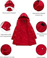 Vista 5 de CREATMO US Gabardina larga resistente al agua para mujer, chaqueta militar cortavientos con capucha reflectante extraíble