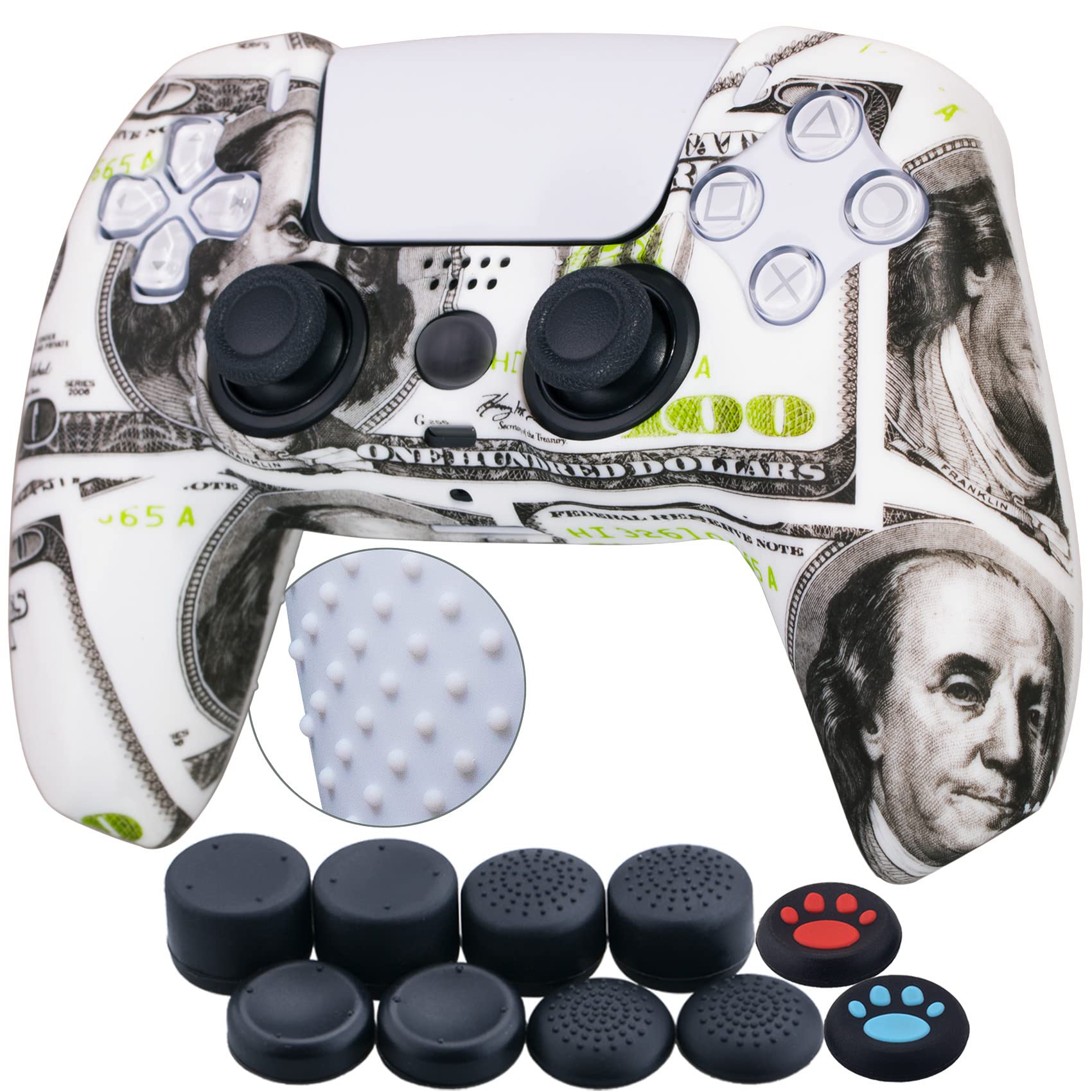 YoRHa Silicona Espesar Impresión Funda Piel Carcasas Cubierta Compatible de PS5 Mando x 1 (Dólares estadounidenses) con Agarres para el Pulgar x 10