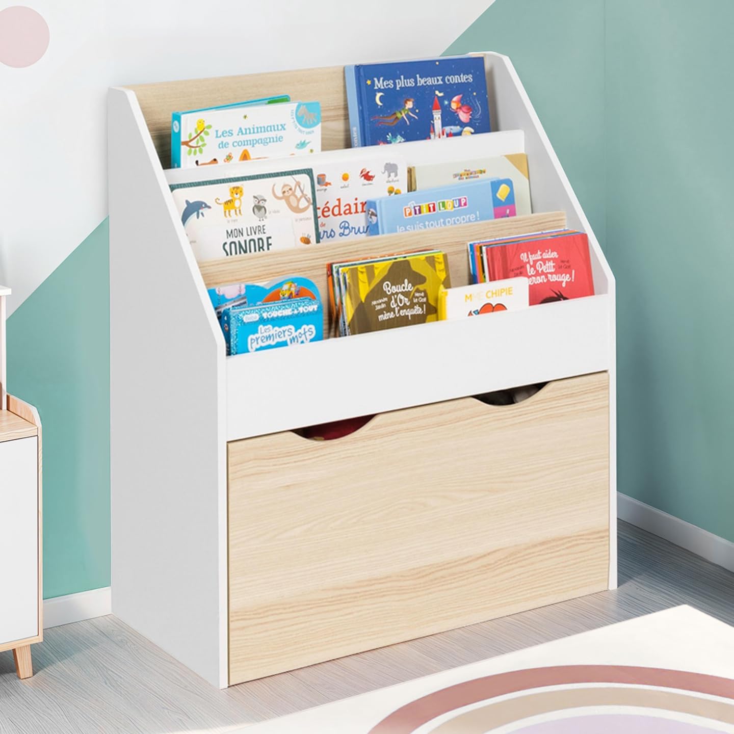 IDMarket - Meuble de Rangement bibliothèque Enfant Mana 3 étagères et 1 bac sur roulettes Blanc et hêtre