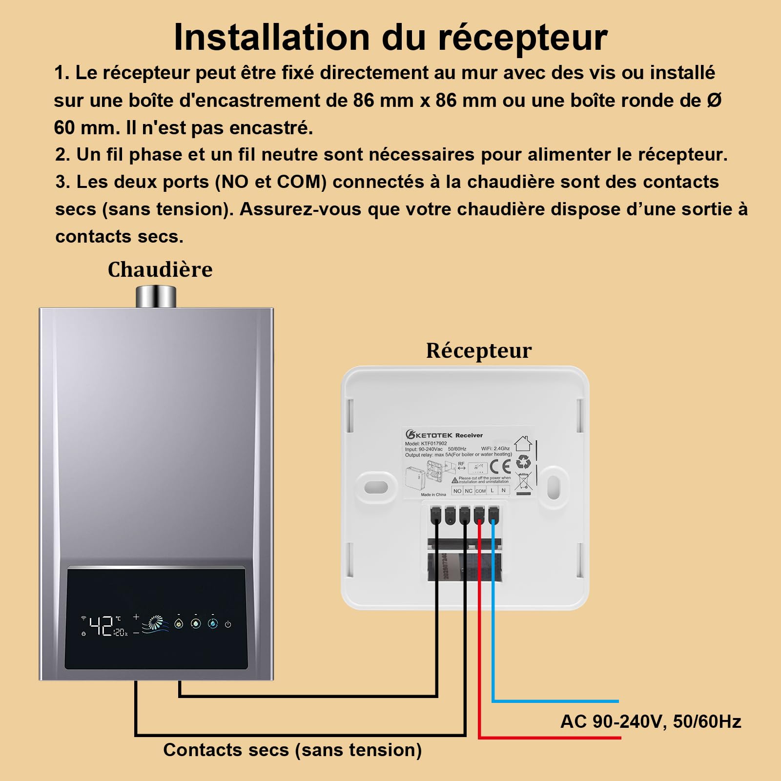 KETOTEK Thermostat sans Fil avec RF Récepteur WiFi pour Chaudiere Gaz/Chauffage au Sol à Eau 5A 220V, Intelligent Thermostat Kit pour Chaudiere Compatible avec Alexa, Contrôle de Tuya/Smart Life App