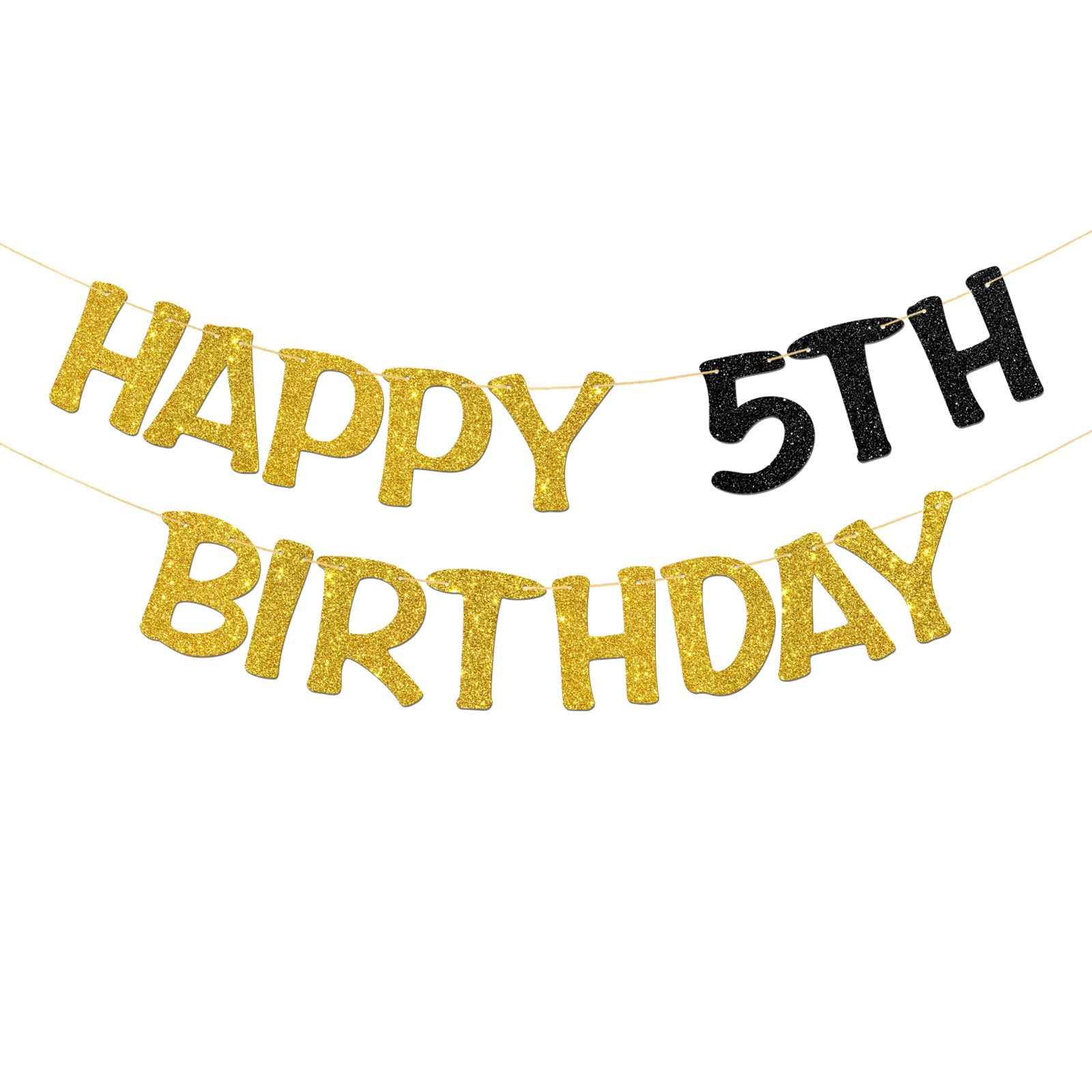 Happy 5th Birthday Banner - Kids 5th Birthday Party Garland Supplies - Cheers to 5 Years Party Decorations - Gold Black Glitter